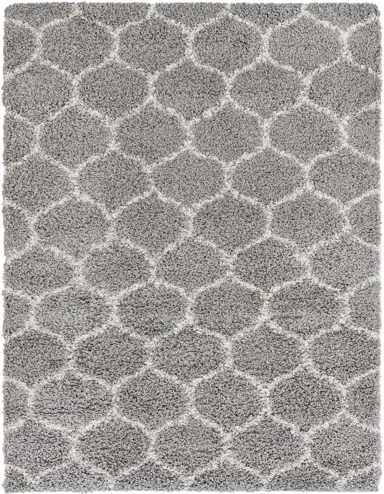 A 5x8 rectangular gray shag rug with a modern white lattice pattern, perfect for a living room.
