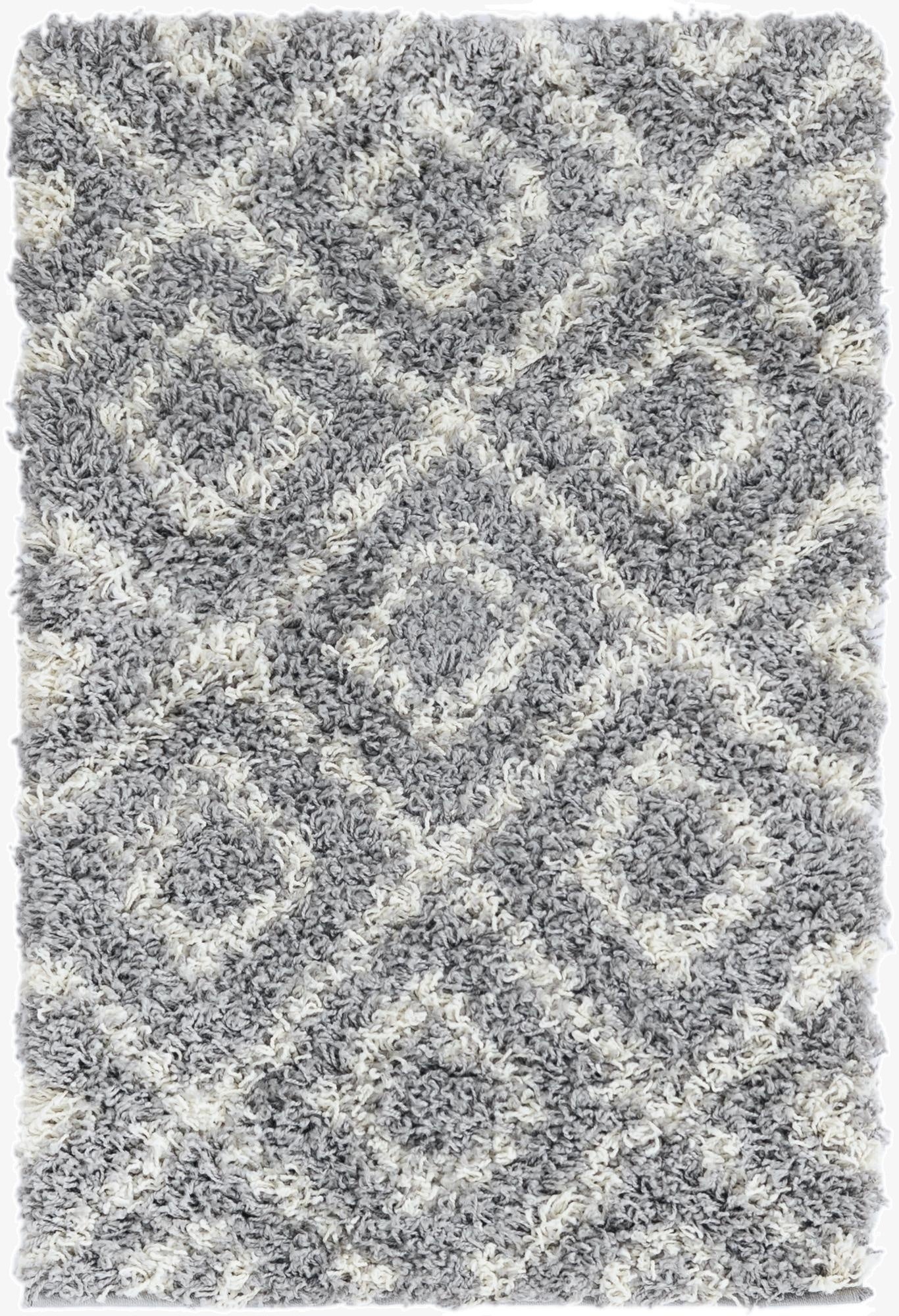 A 2x3 rectangular gray and silver modern shag rug with a textured high/low pile, ideal for a patio.