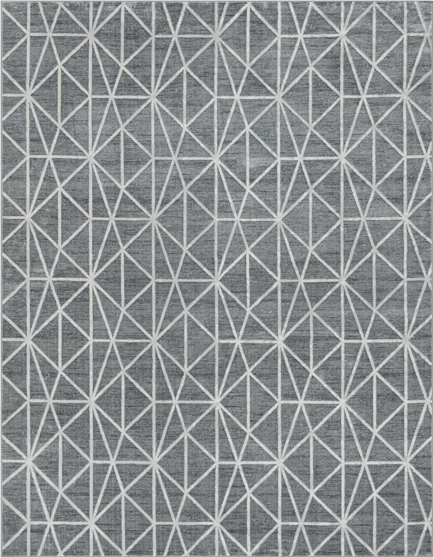 A 9x12 rectangular gray area rug featuring a white geometric trellis pattern, suitable for a living room or office.