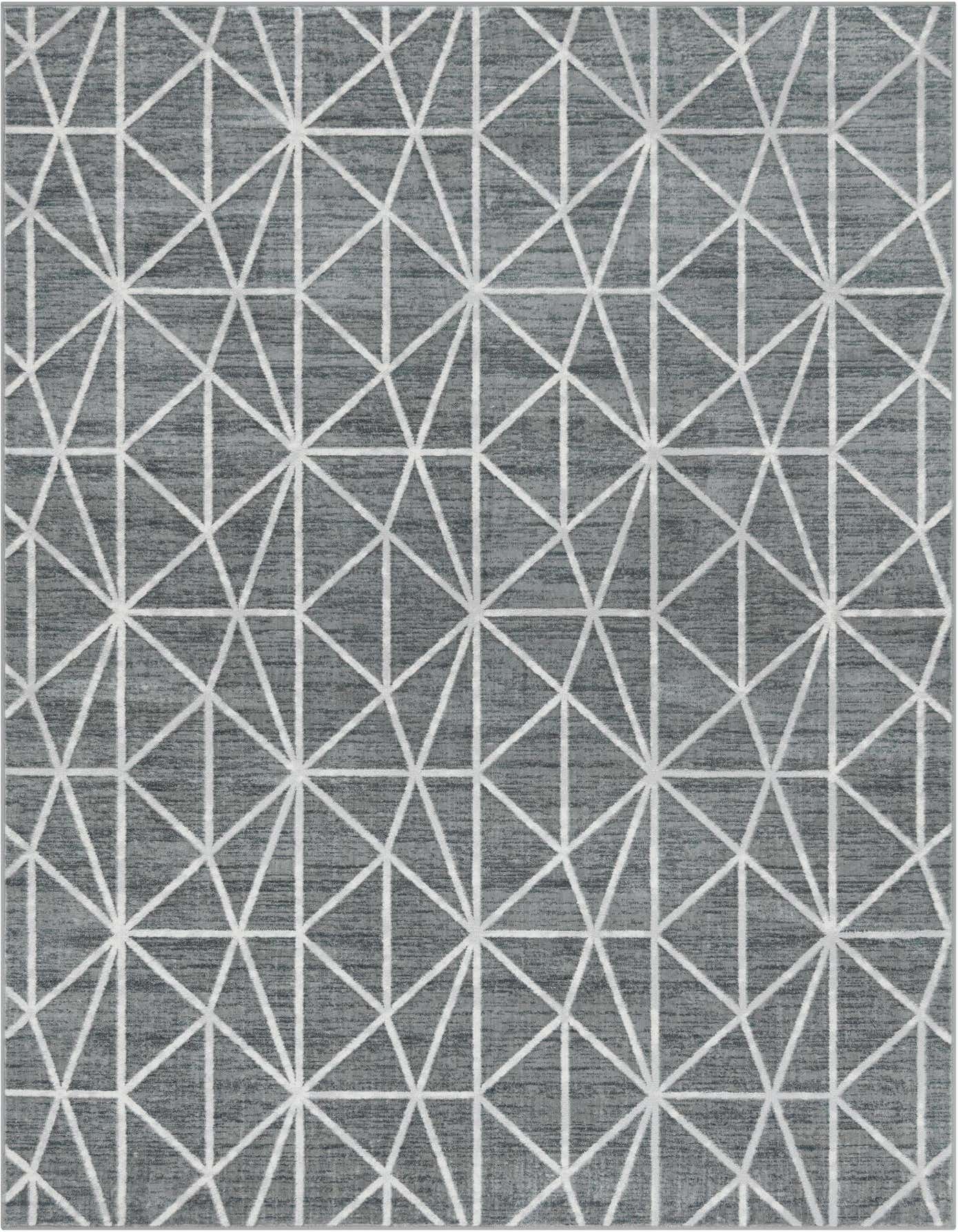 A 7x10 rectangular gray area rug featuring a modern white geometric trellis pattern, ideal for a living room or office.