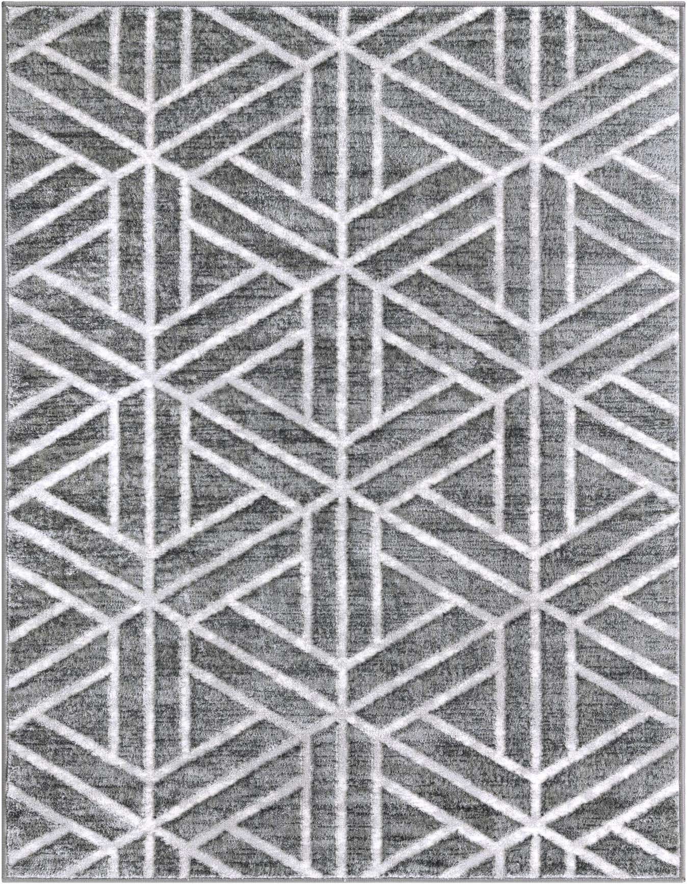 A 4x6 rectangular gray area rug with a modern geometric trellis pattern of interlocking triangles and hexagons.