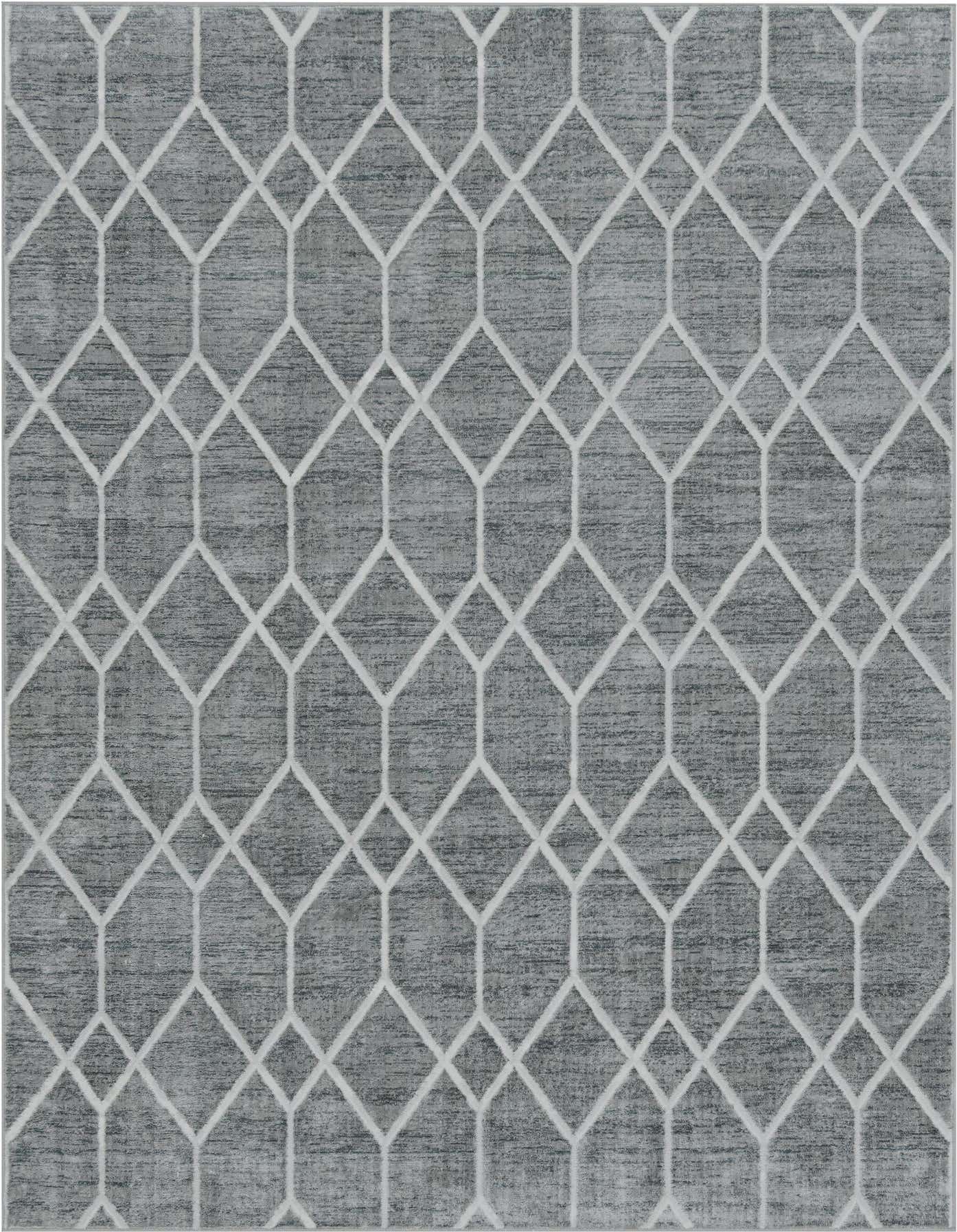 A 7x10 rectangular gray area rug with a white geometric trellis pattern, featuring a textured pile.