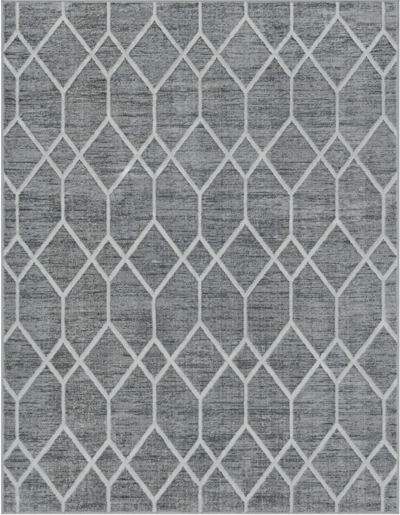 A 6x9 rectangular gray area rug with a white geometric trellis pattern, ideal for a living room or office.