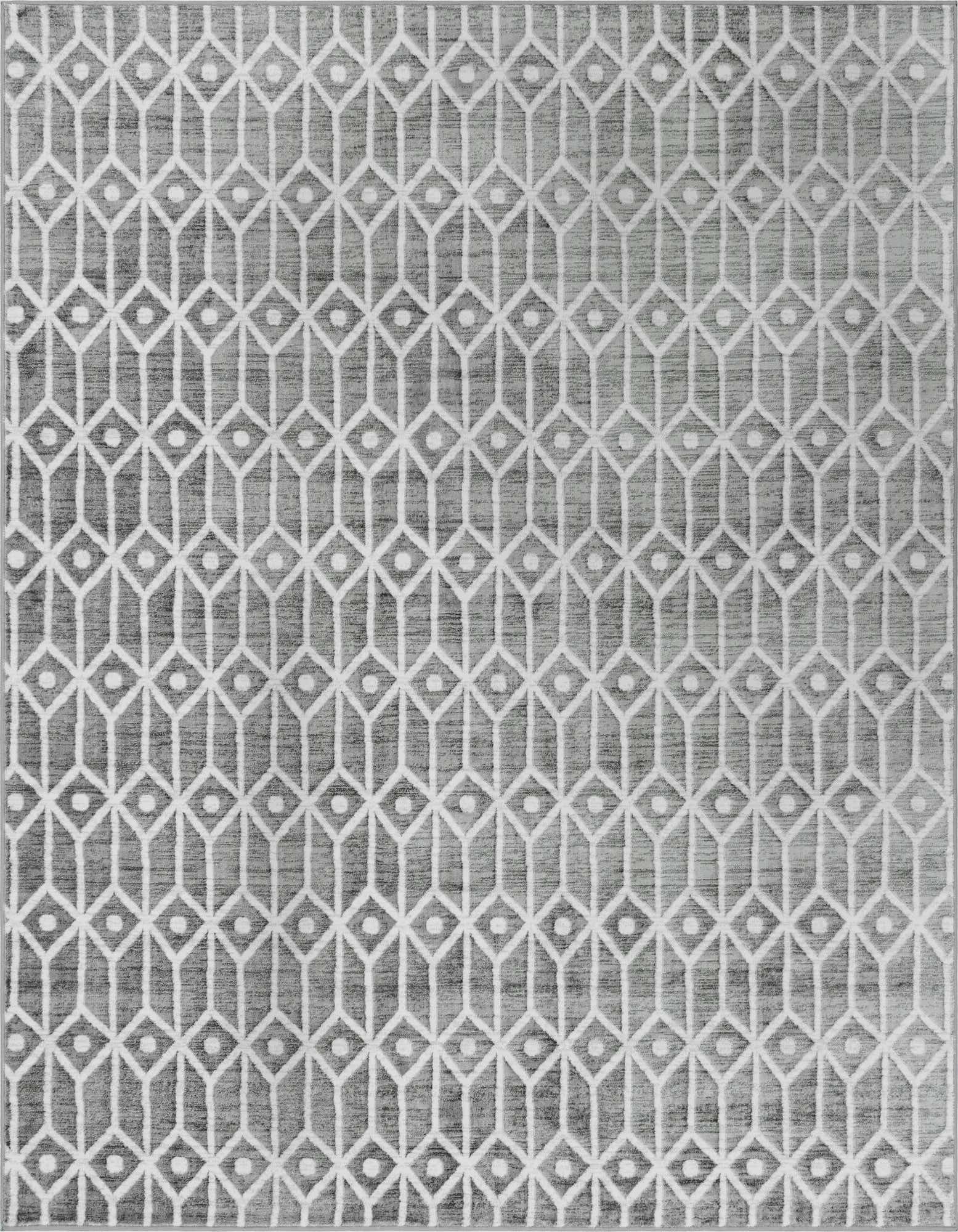 A rectangular 8x10 gray area rug with a white geometric trellis pattern and textured pile, ideal for a living room.