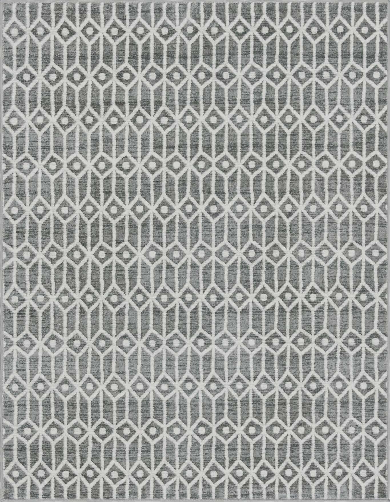 A 6x9 rectangular gray area rug with a repeating white trellis pattern and textured pile, suitable for a living room.