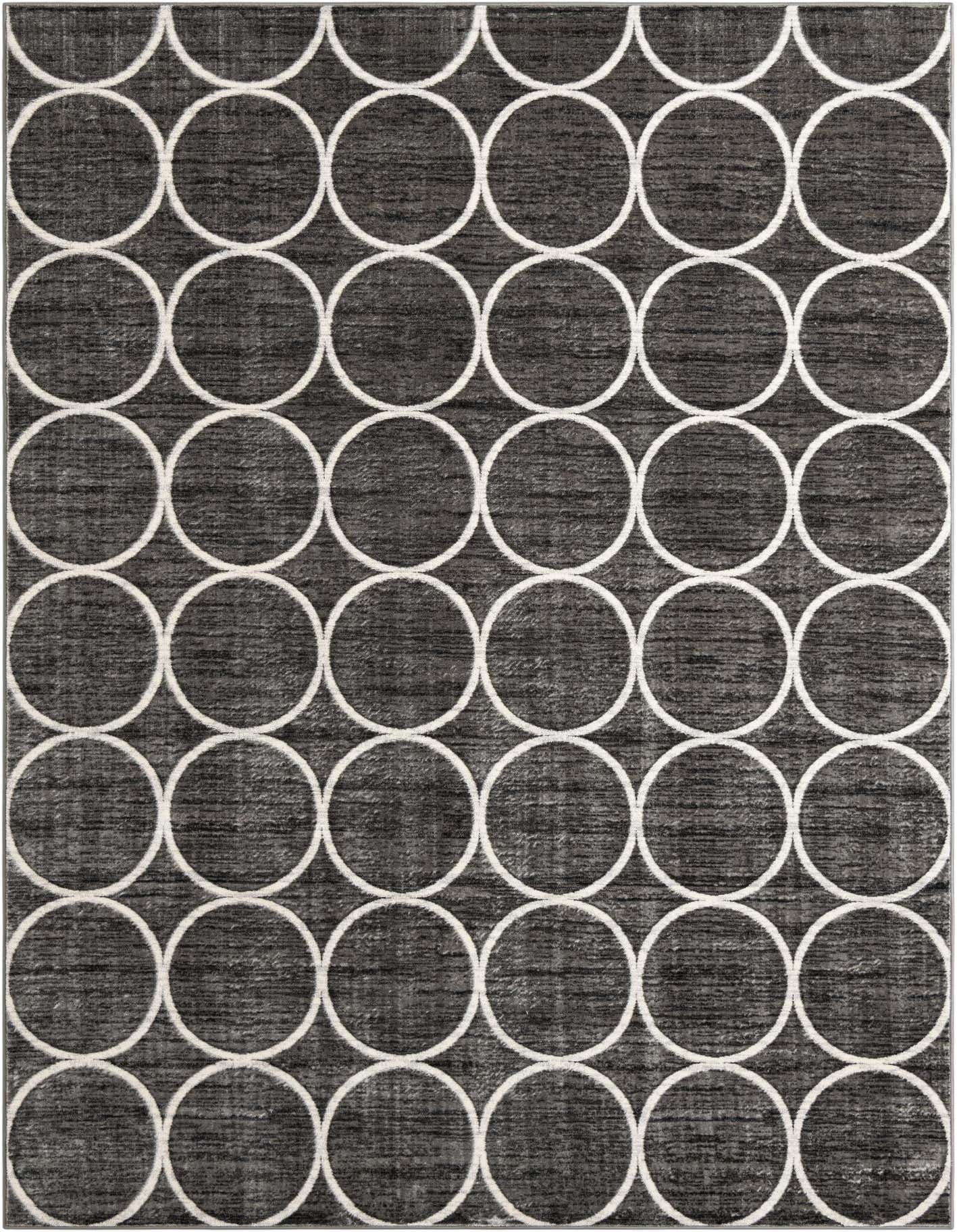 A rectangular 8x11 gray modern area rug featuring a repeating pattern of large white circles across its surface.