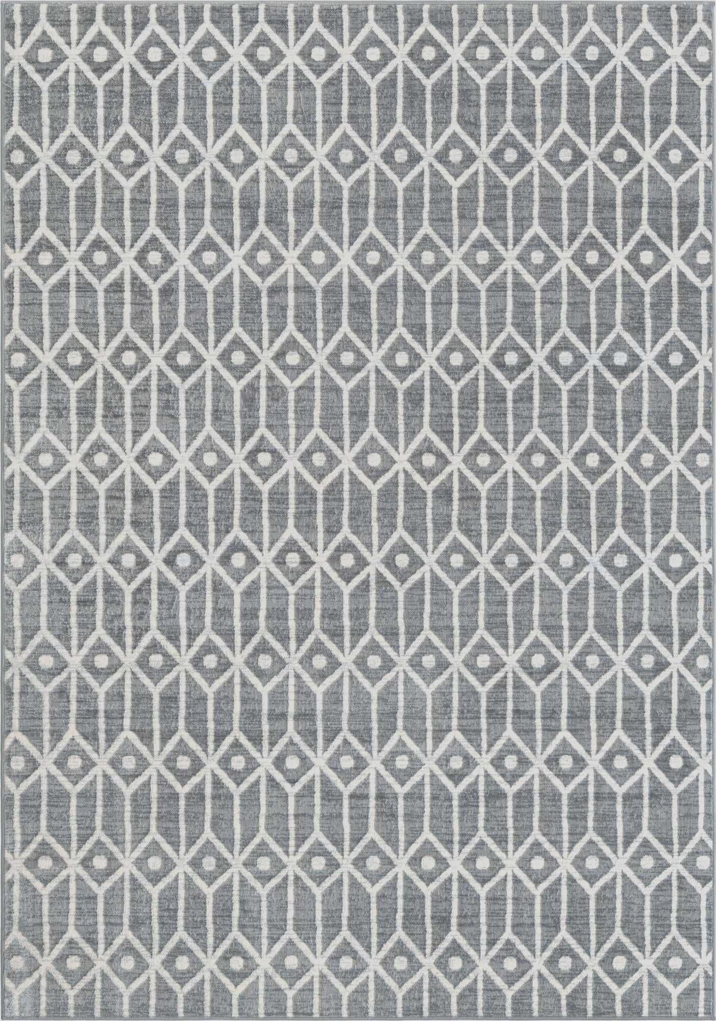 A 7x10 rectangular gray area rug with a repeating white geometric trellis pattern and textured pile, ideal for a living room.