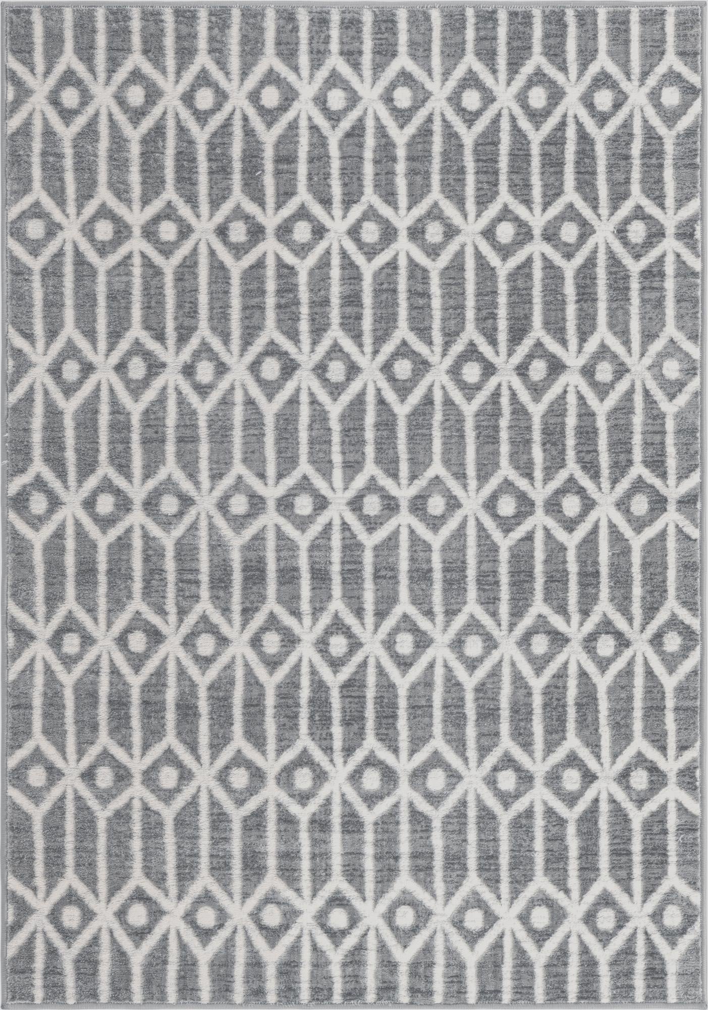 A 4x6 rectangular gray and white area rug with a modern trellis pattern, featuring textured pile.