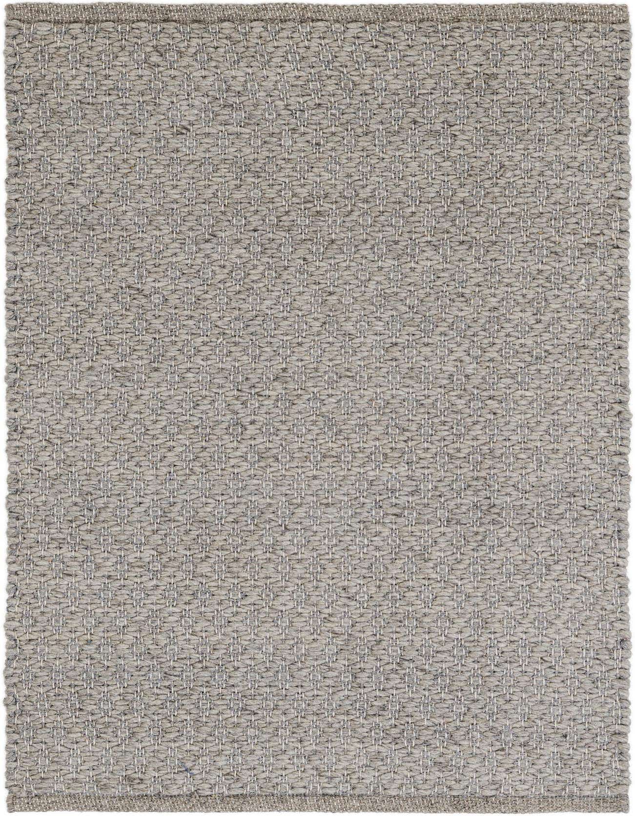 A 2x3 rectangular gray and silver modern flatweave rug with a textured, interwoven pattern, suitable for an entryway.