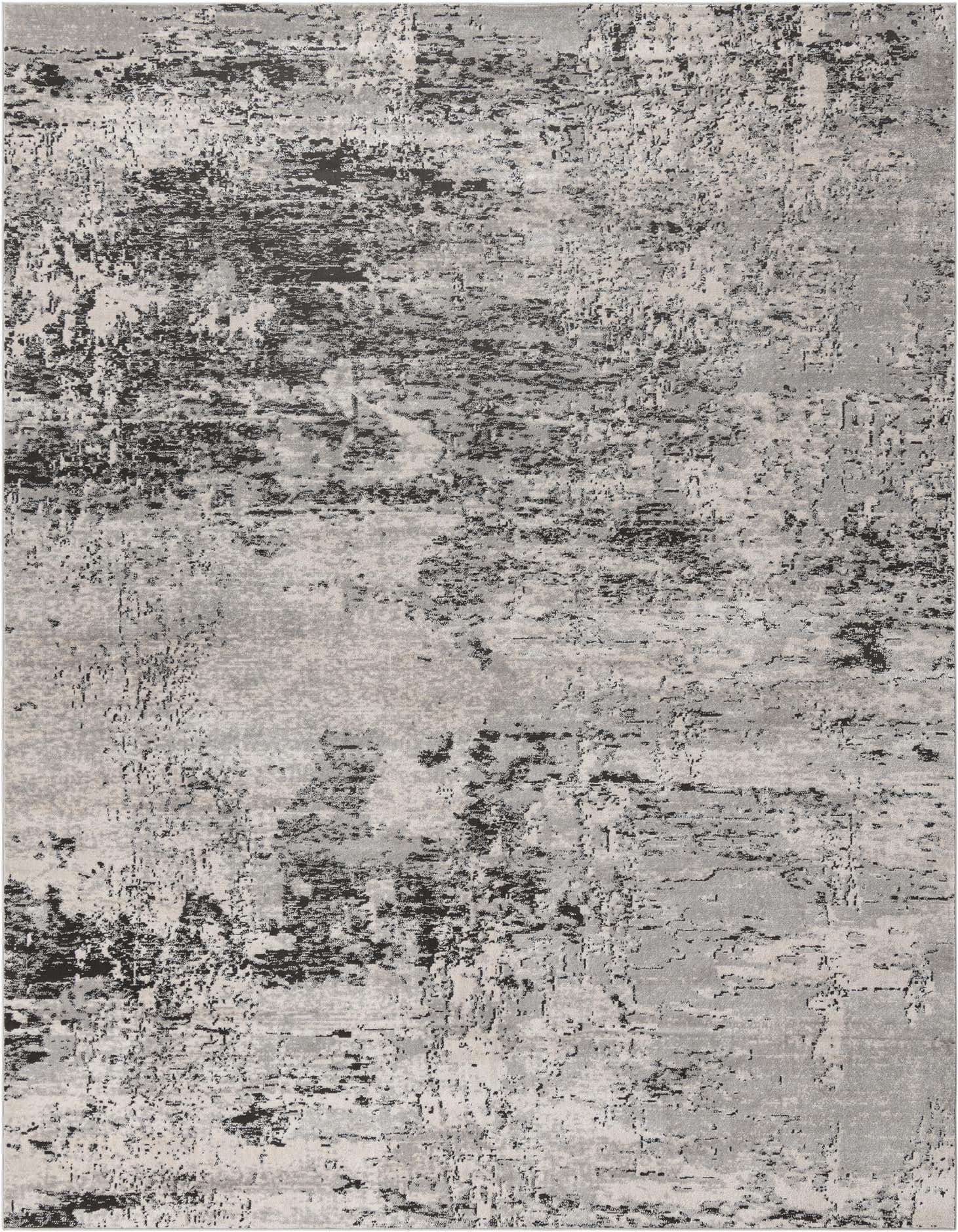 A 10x13 rectangular gray and silver abstract rug with a textured, modern pattern, suitable for a living room or office.