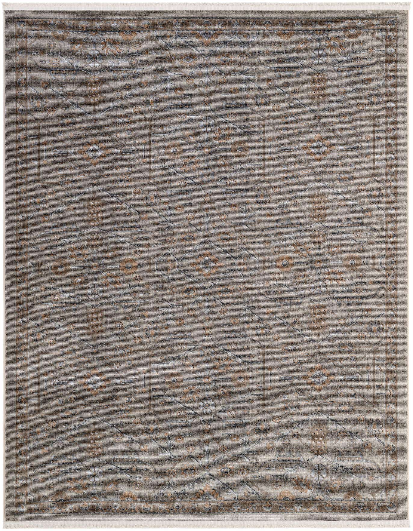 A 5x8 rectangular indoor area rug with a traditional Oriental pattern in shades of gray, silver, and subtle gold.