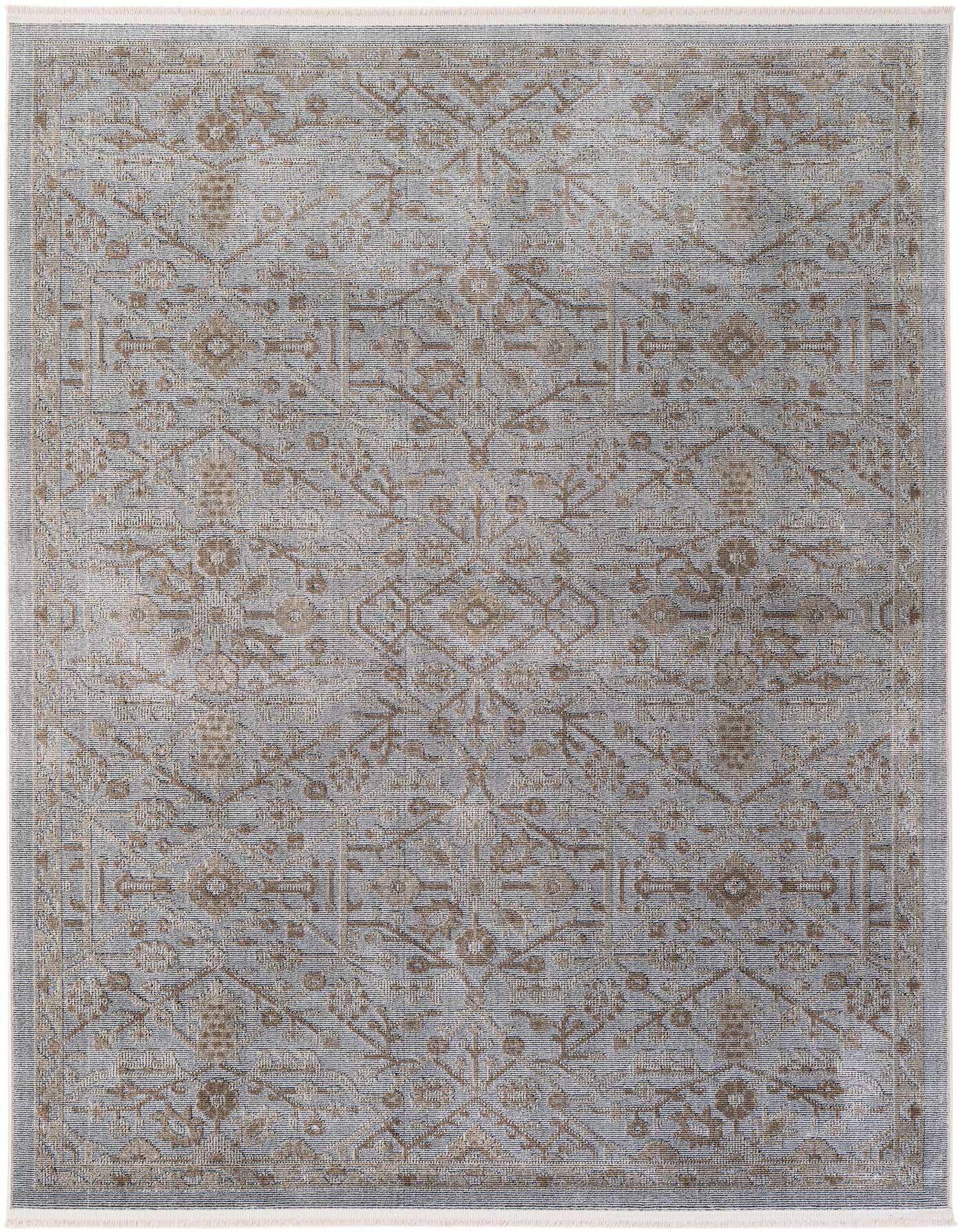 A 5x8 rectangular Lola Collection rug in shades of gray and silver with a traditional Oriental pattern and fringed ends.