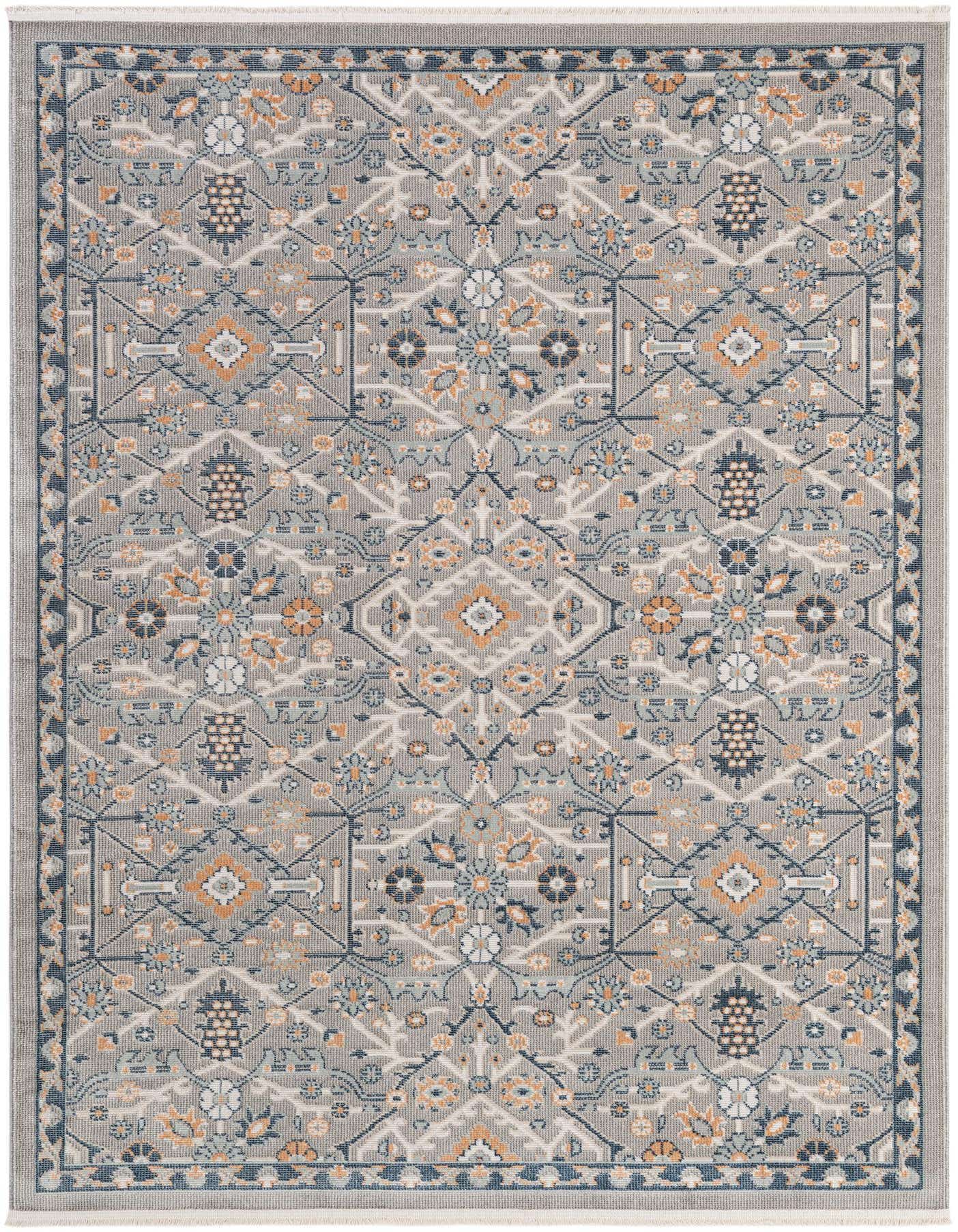 A 5x8 rectangular Lola Collection rug featuring a traditional Oriental pattern in shades of gray, silver, navy, and orange.