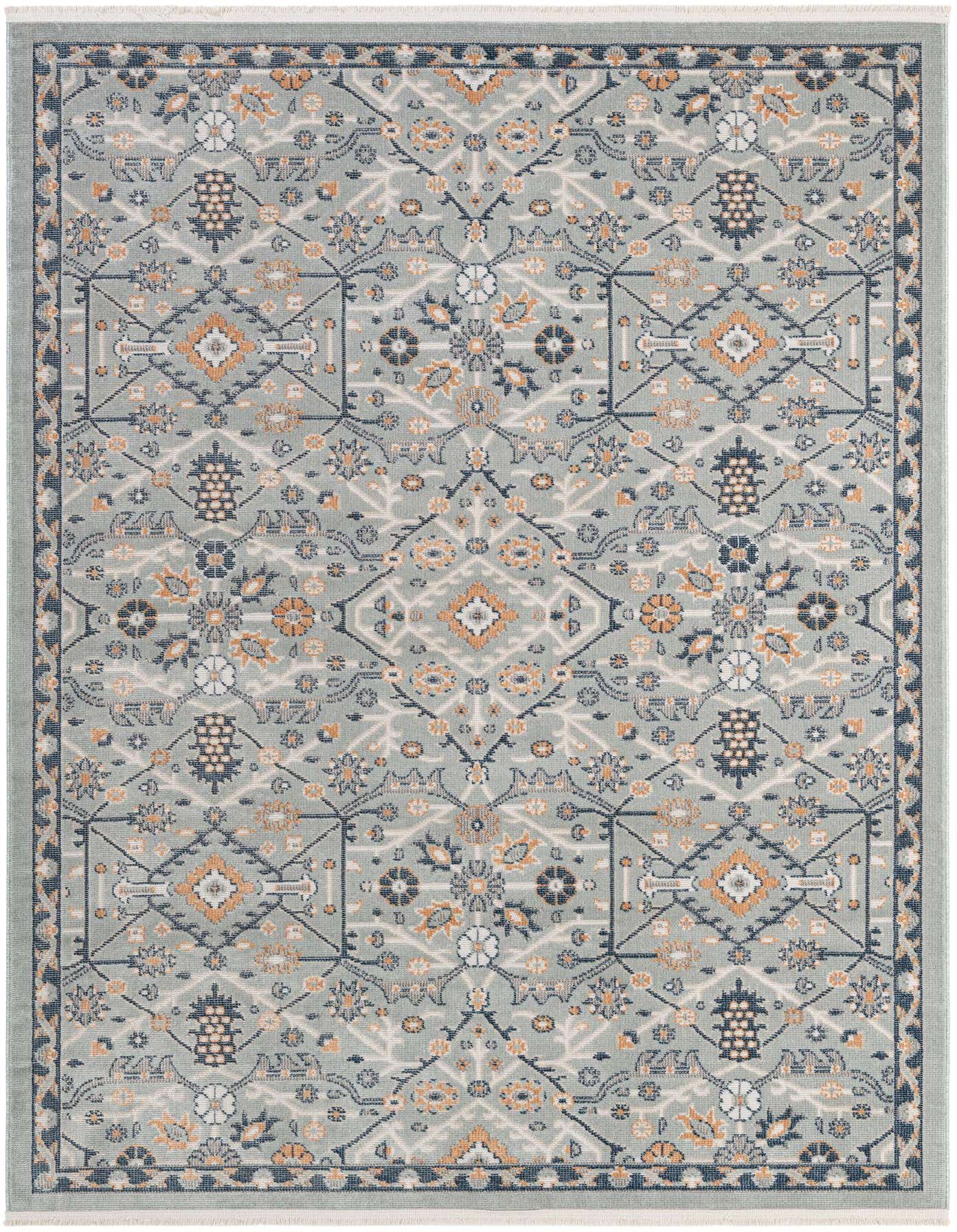 A 5x8 rectangular Lola Collection rug in gray with a traditional Oriental pattern featuring floral and geometric motifs in blue, orange, and cream.