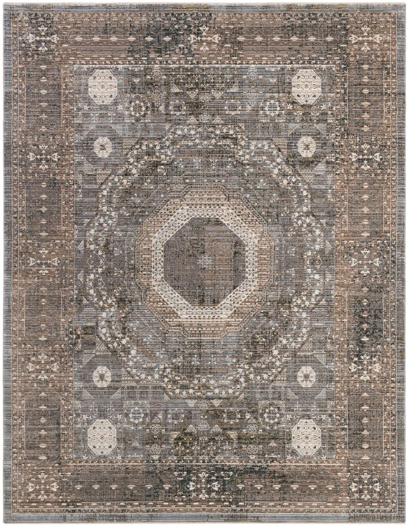 A 7x10 rectangular Lola Collection rug featuring a traditional medallion pattern in varying shades of gray and silver.