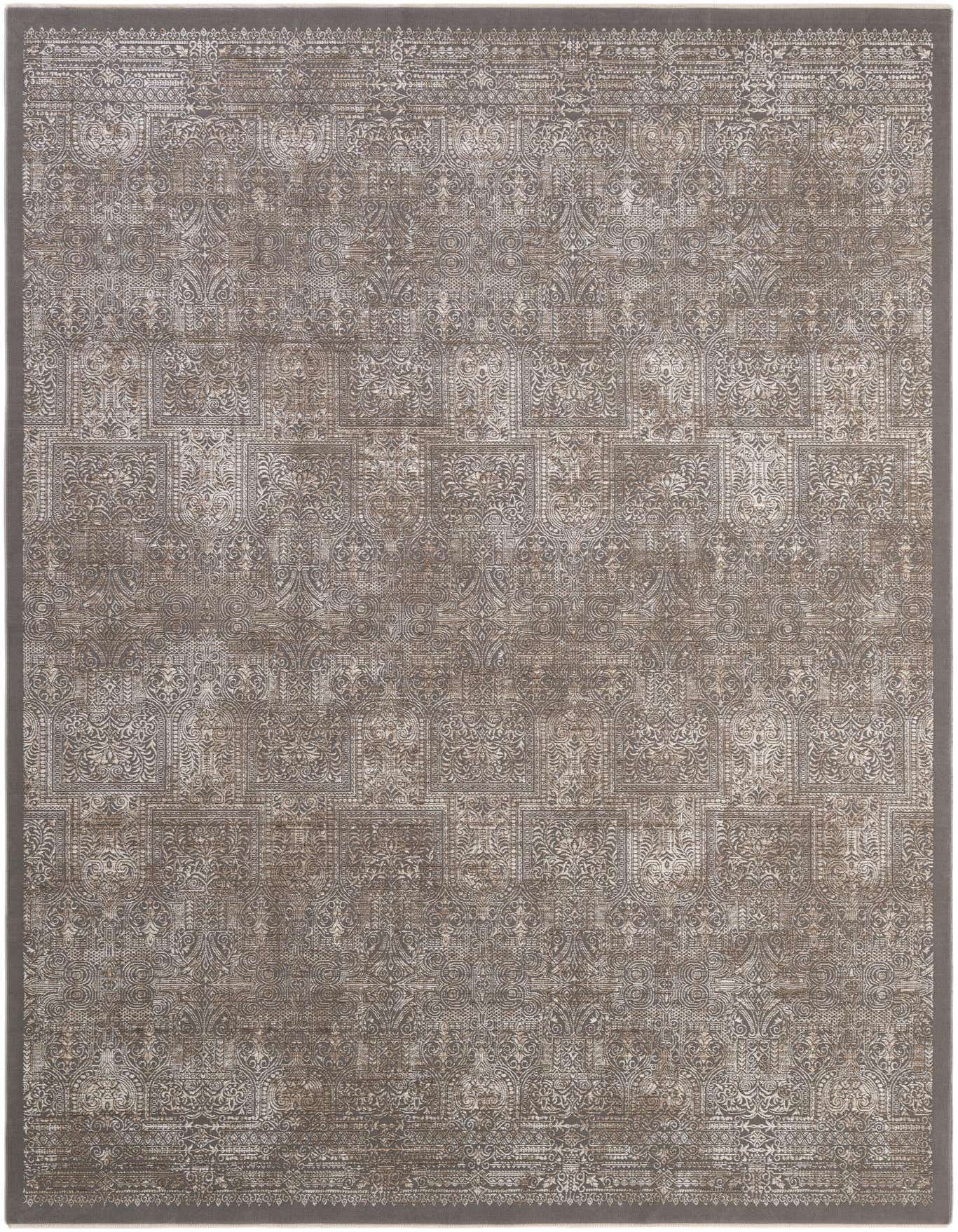 A 6x9 rectangular Lola Collection rug in shades of gray and silver, featuring a distressed traditional Oriental pattern with a subtle border.
