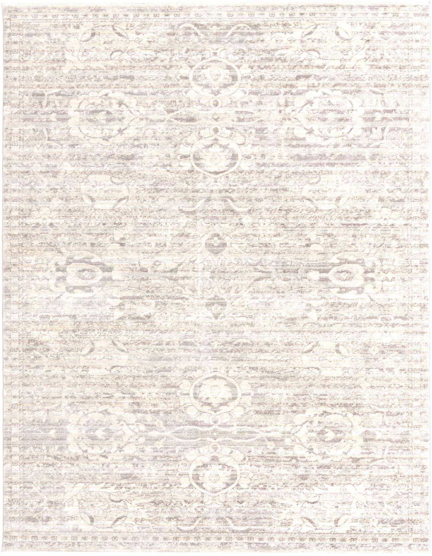 A 7x10 rectangular Lola Collection rug in shades of gray and silver, featuring a distressed oriental floral pattern.