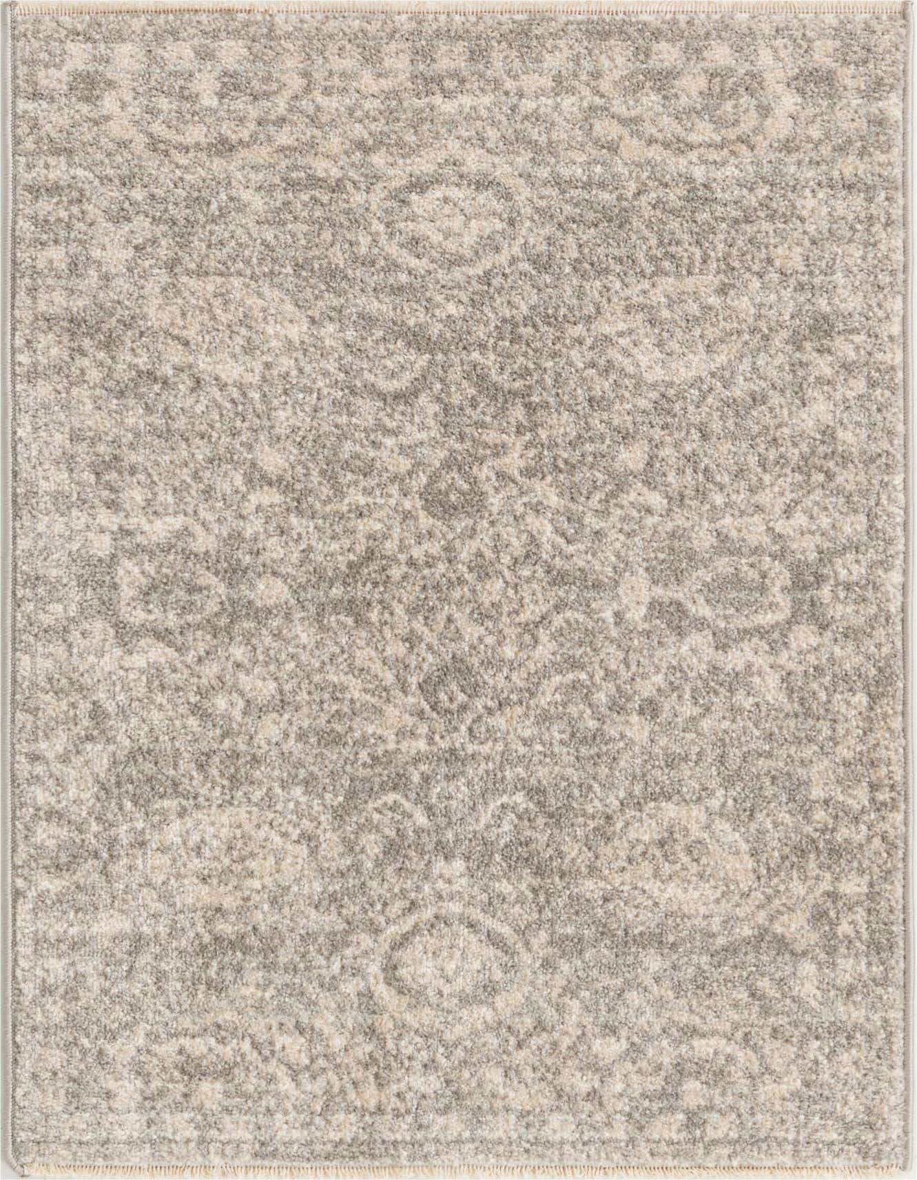 A 2x3 rectangular Lola rug by Rugs.com, featuring a faded gray and cream traditional floral pattern, ideal for a kitchen or entryway.