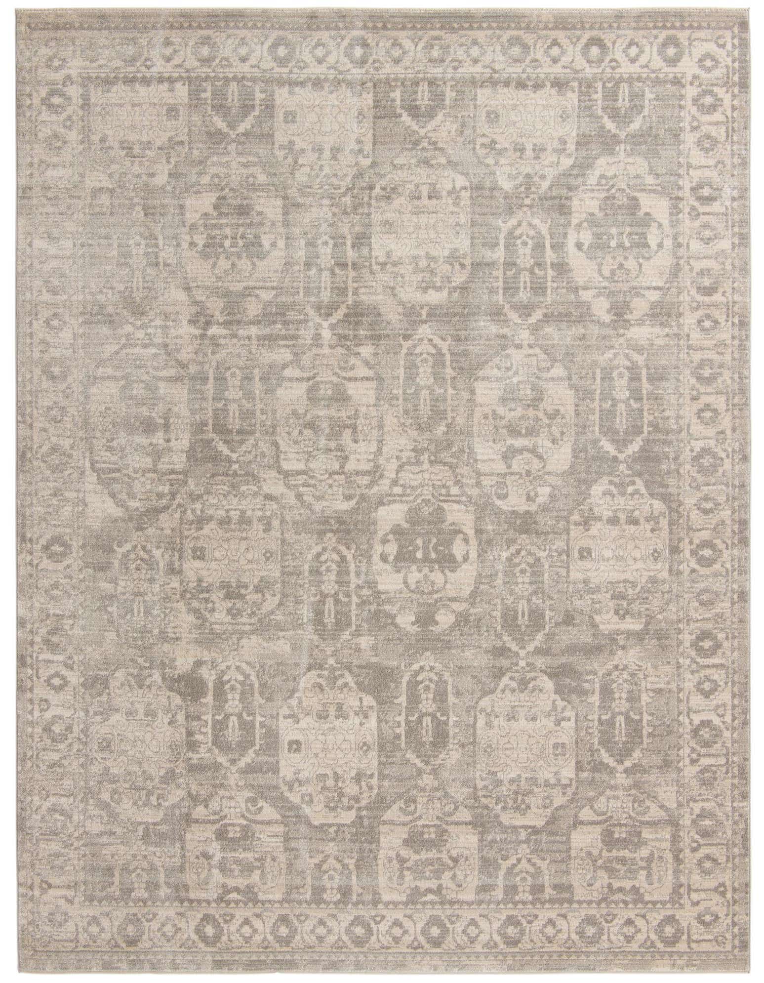 A 9x12 rectangular gray area rug with a distressed bohemian and traditional medallion pattern, suitable for a living room.