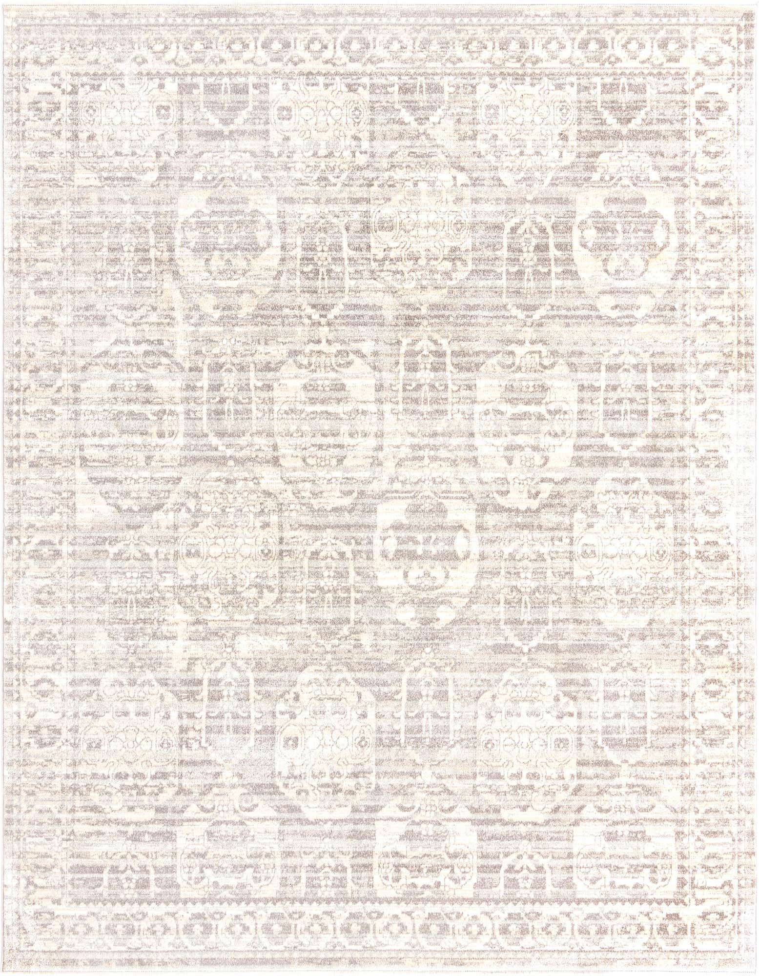 An 8x10 rectangular Lola Collection rug featuring a distressed bohemian and traditional pattern in shades of gray and silver.