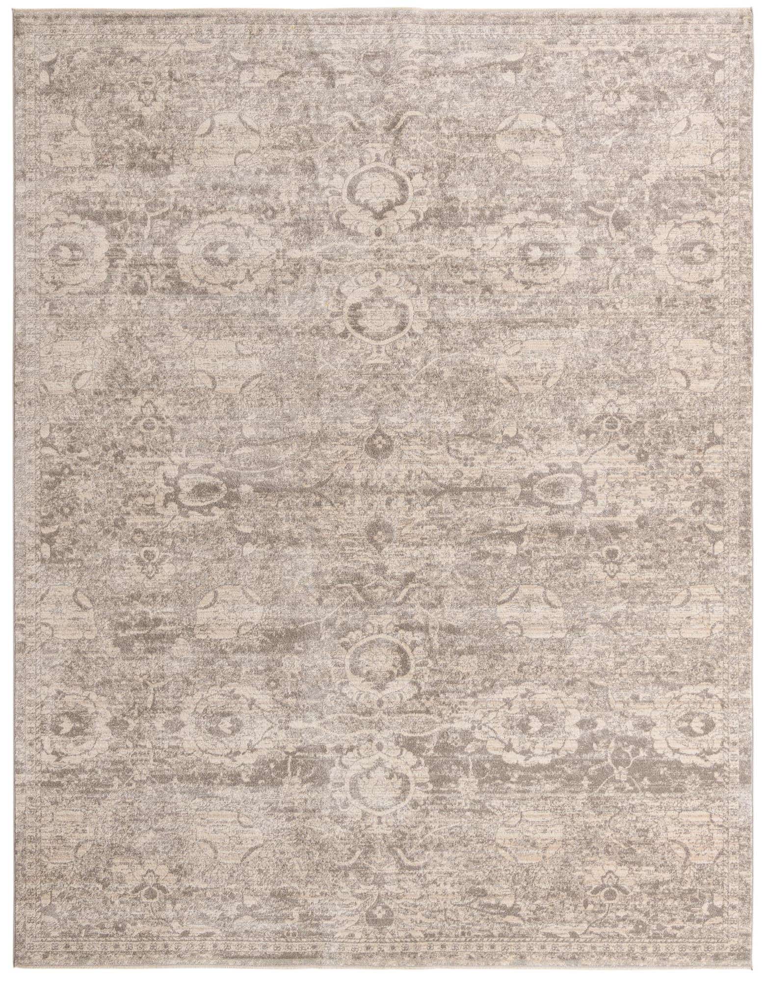 A 10x12 rectangular Lola Collection rug featuring a distressed traditional floral pattern in shades of gray and silver.