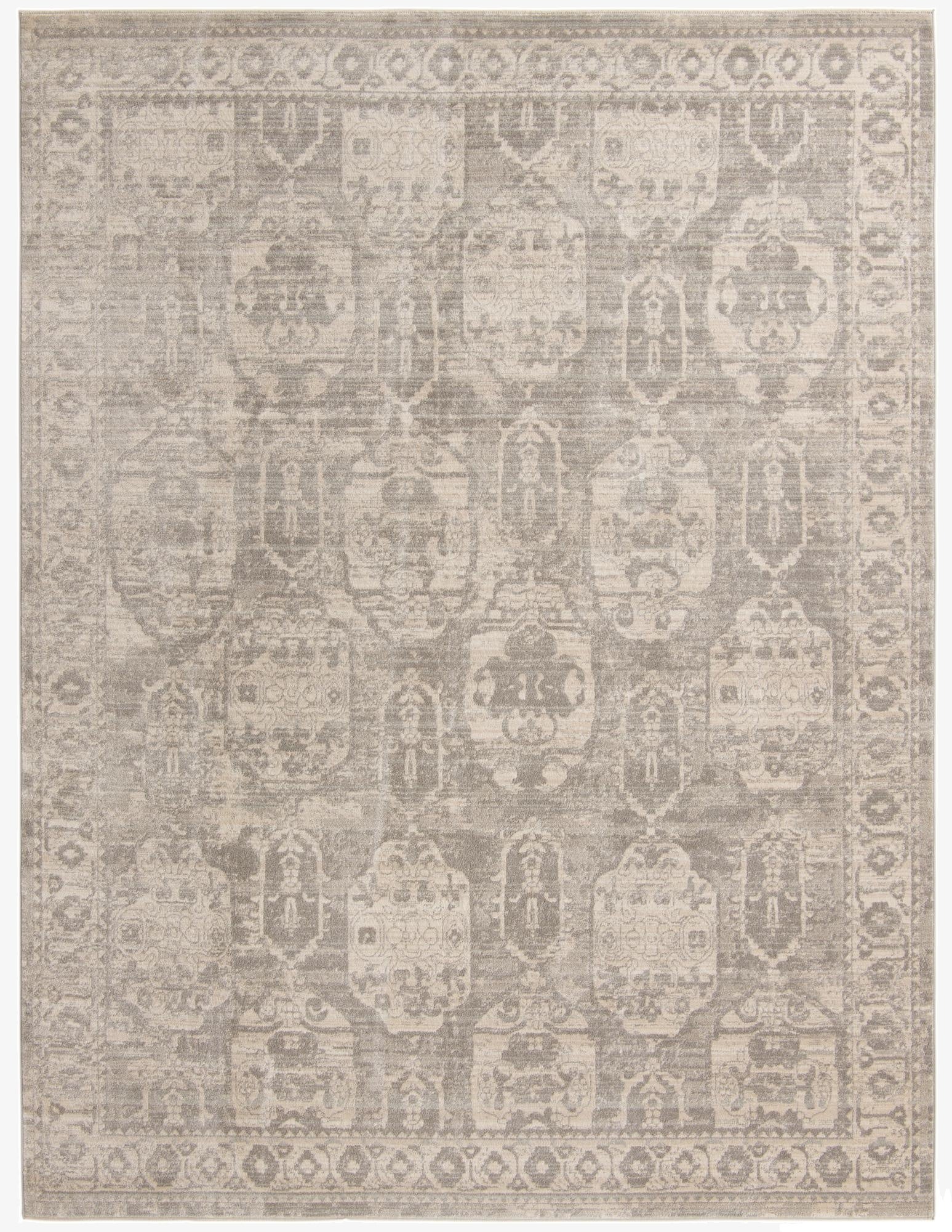 A 9x12 rectangular gray area rug with a distressed bohemian and traditional medallion pattern, suitable for a living room.