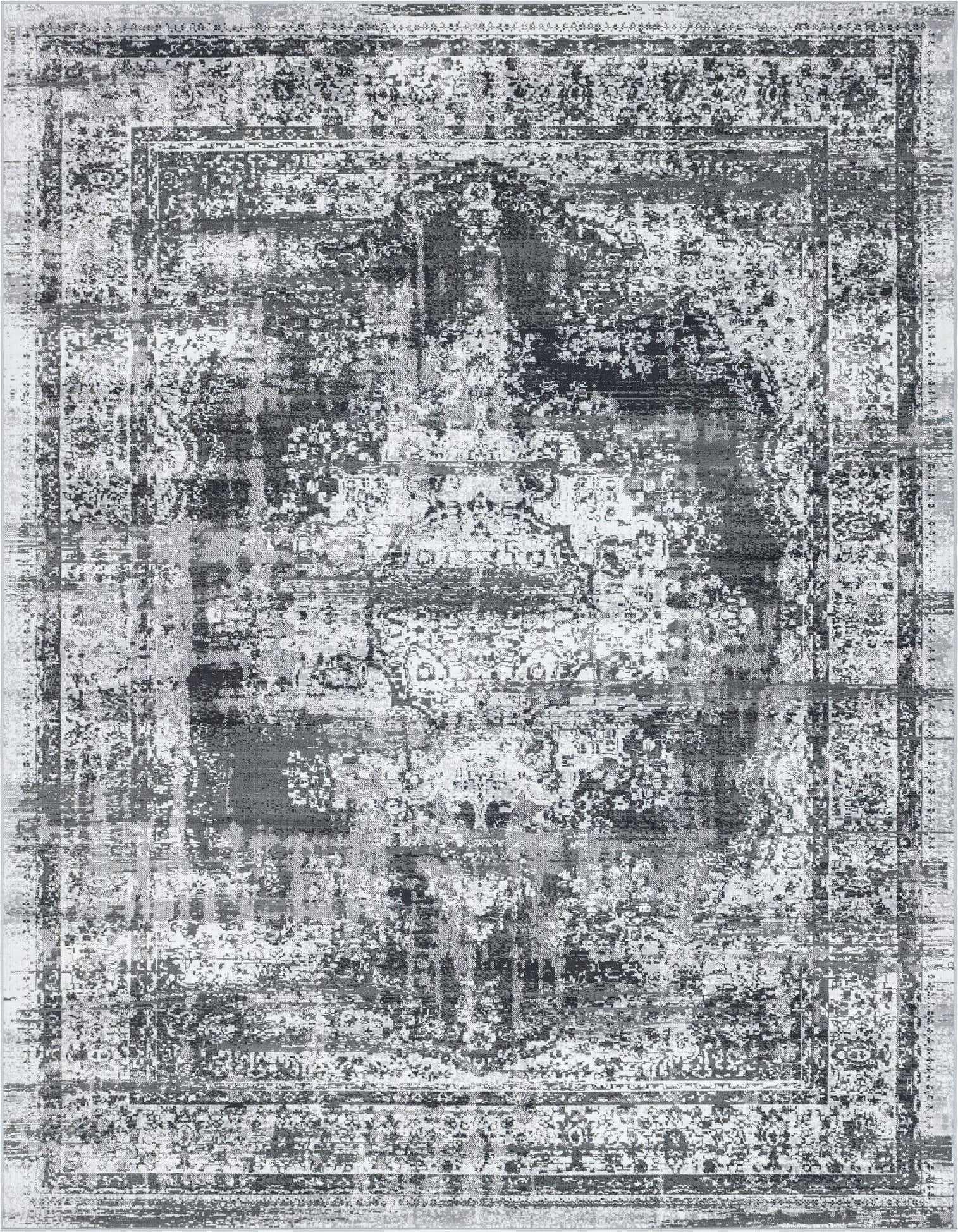 A 9x12 rectangular gray and silver area rug featuring a distressed bohemian medallion pattern with a textured pile.