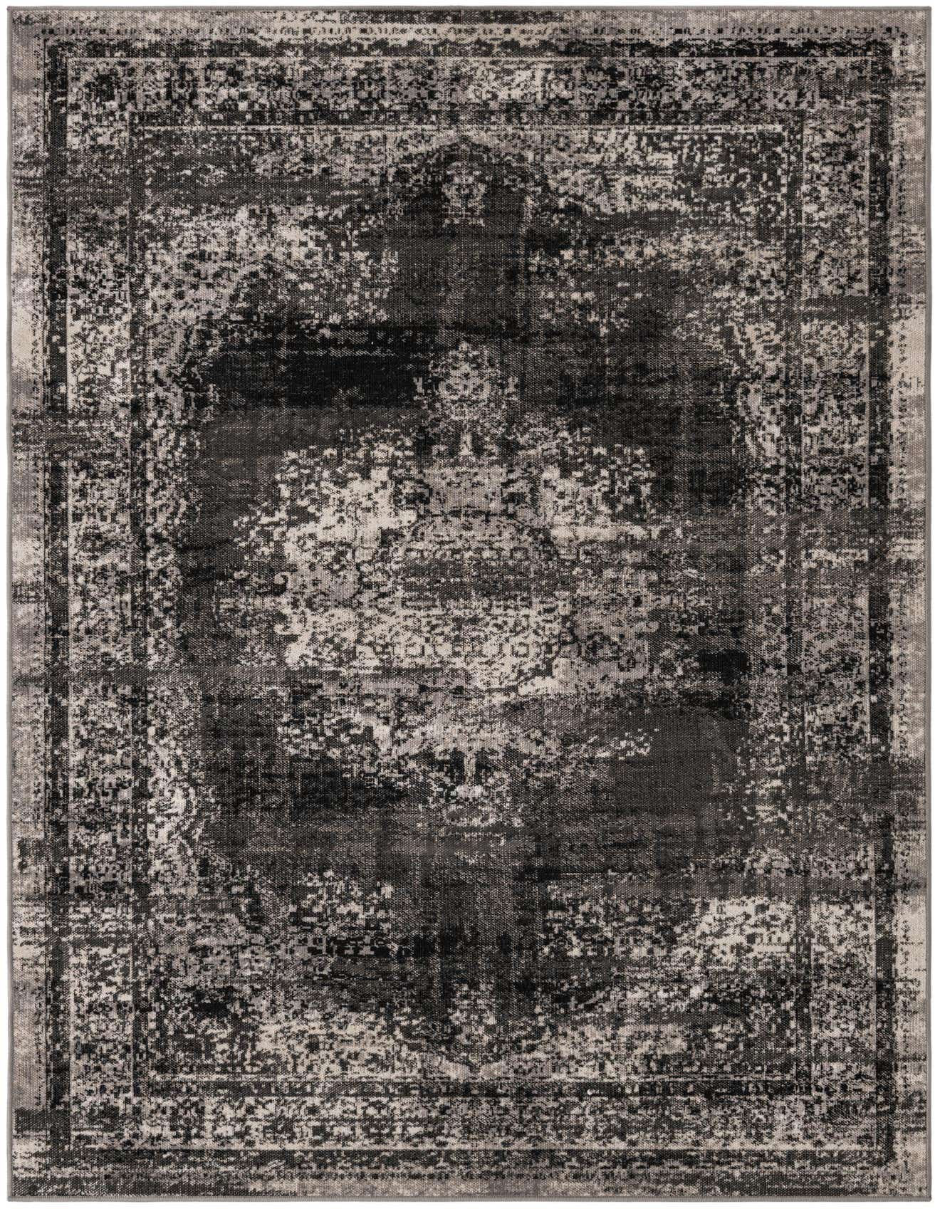 A 5x8 rectangular gray and silver bohemian rug with a distressed medallion pattern, suitable for a living room or office.