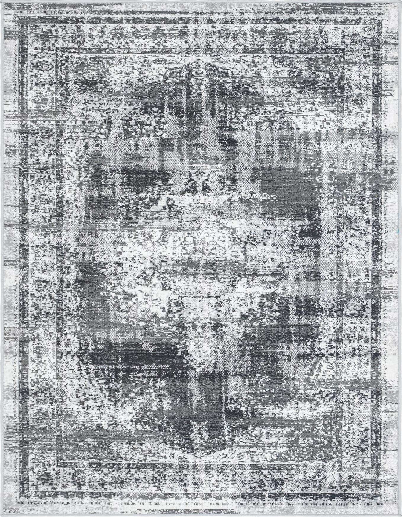 A 4x6 rectangular gray and silver bohemian area rug with a distressed medallion pattern, suitable for a living room.