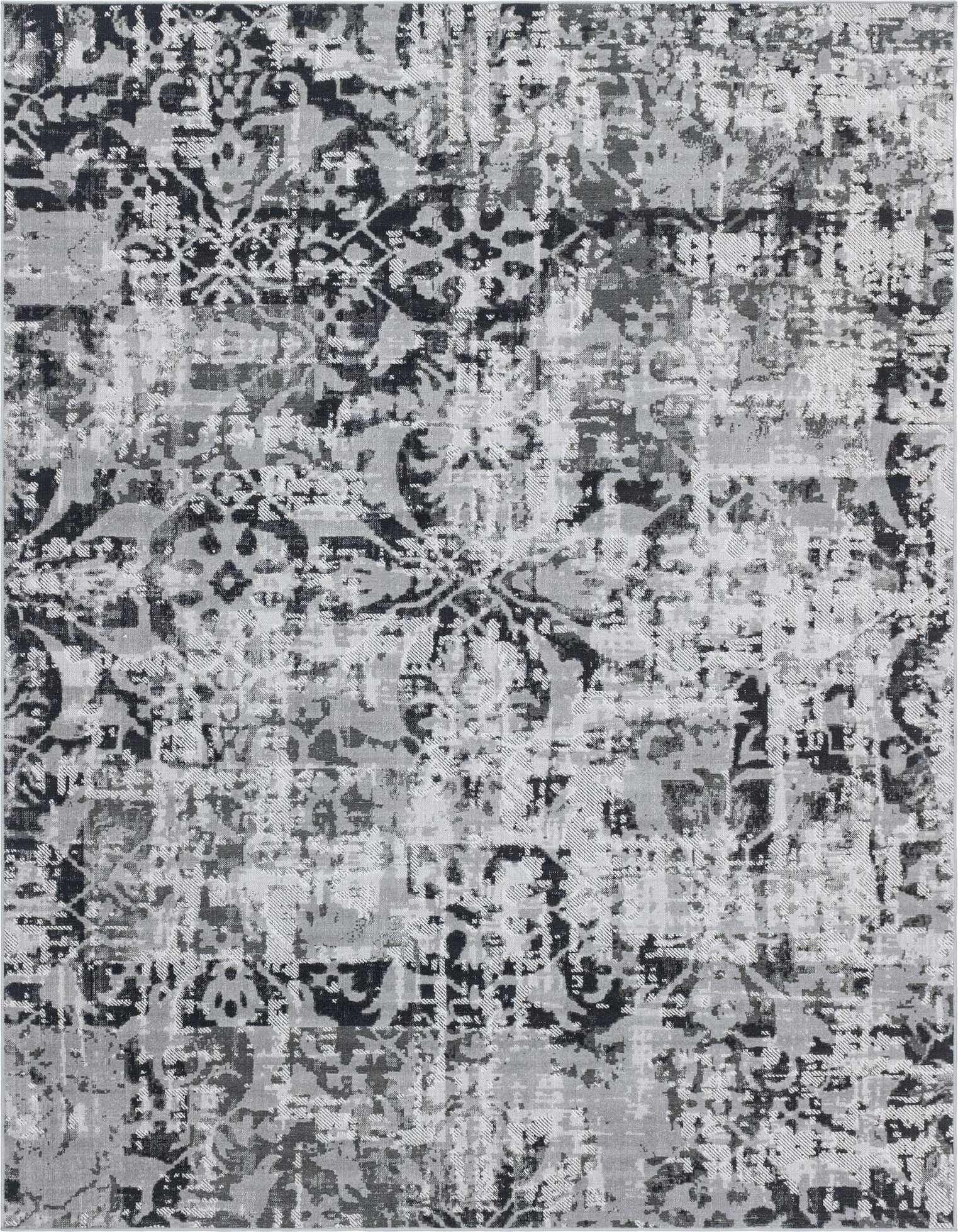 A 9x12 rectangular gray area rug featuring a distressed bohemian floral pattern, ideal for a modern living room.