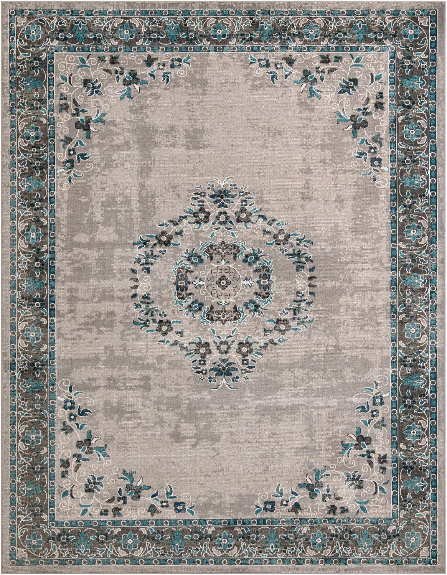 A 9x12 rectangular gray area rug with a distressed Bohemian medallion and botanical border pattern in teal, blue, and silver.