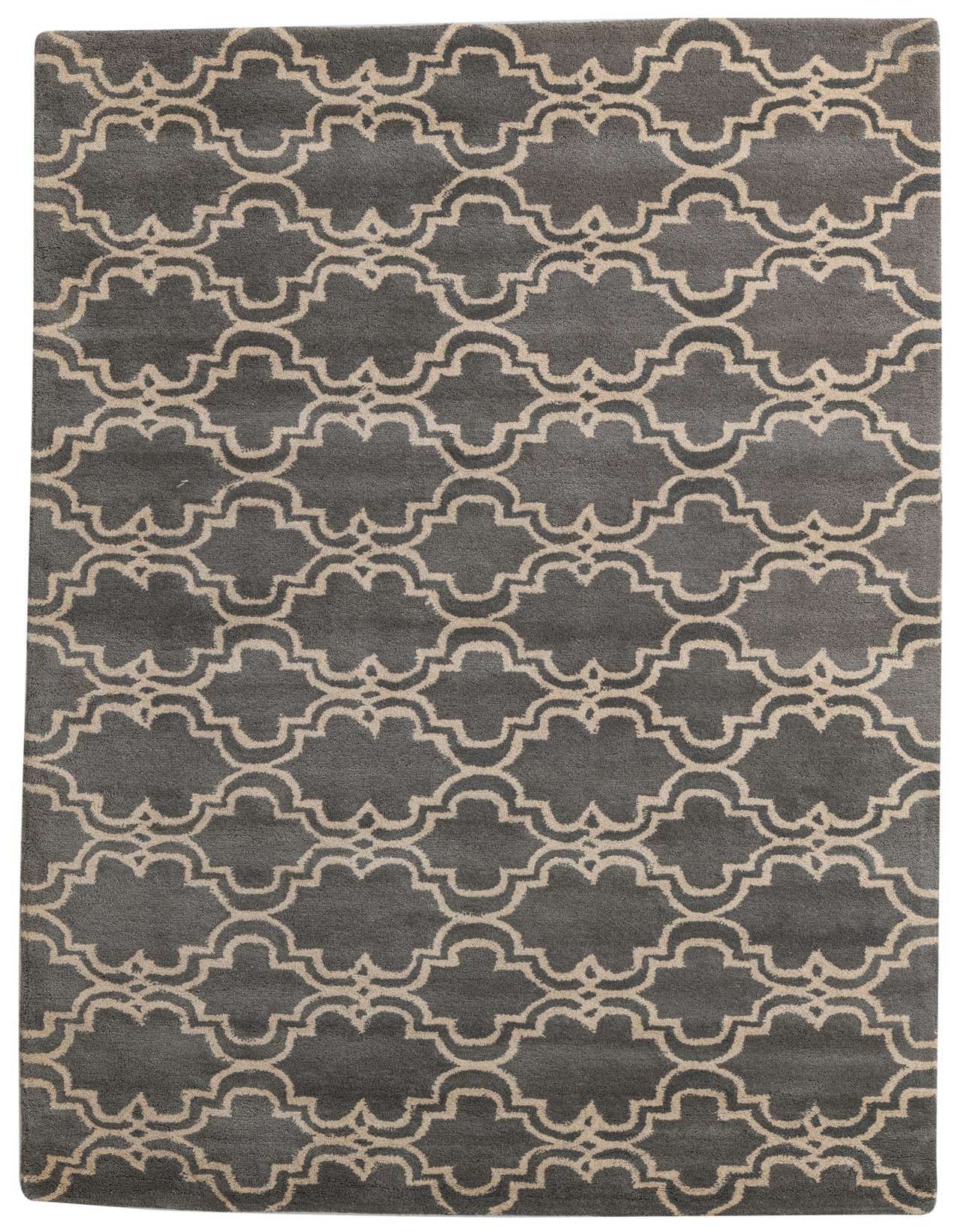 A 5x8 rectangular gray area rug with a repeating beige modern abstract quatrefoil pattern, suitable for a living room or bedroom.