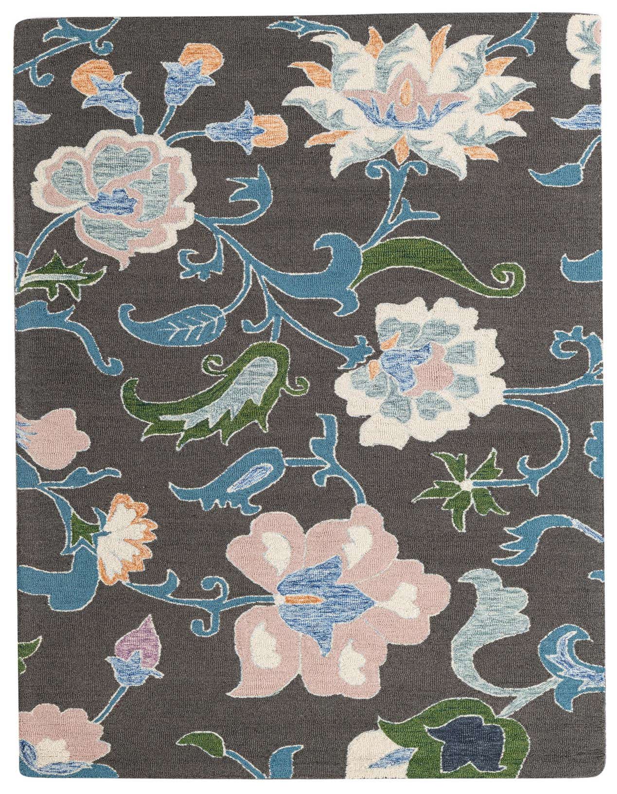 A 5x8 rectangular gray modern rug with a high pile, featuring large floral patterns in pink, blue, white, and green.