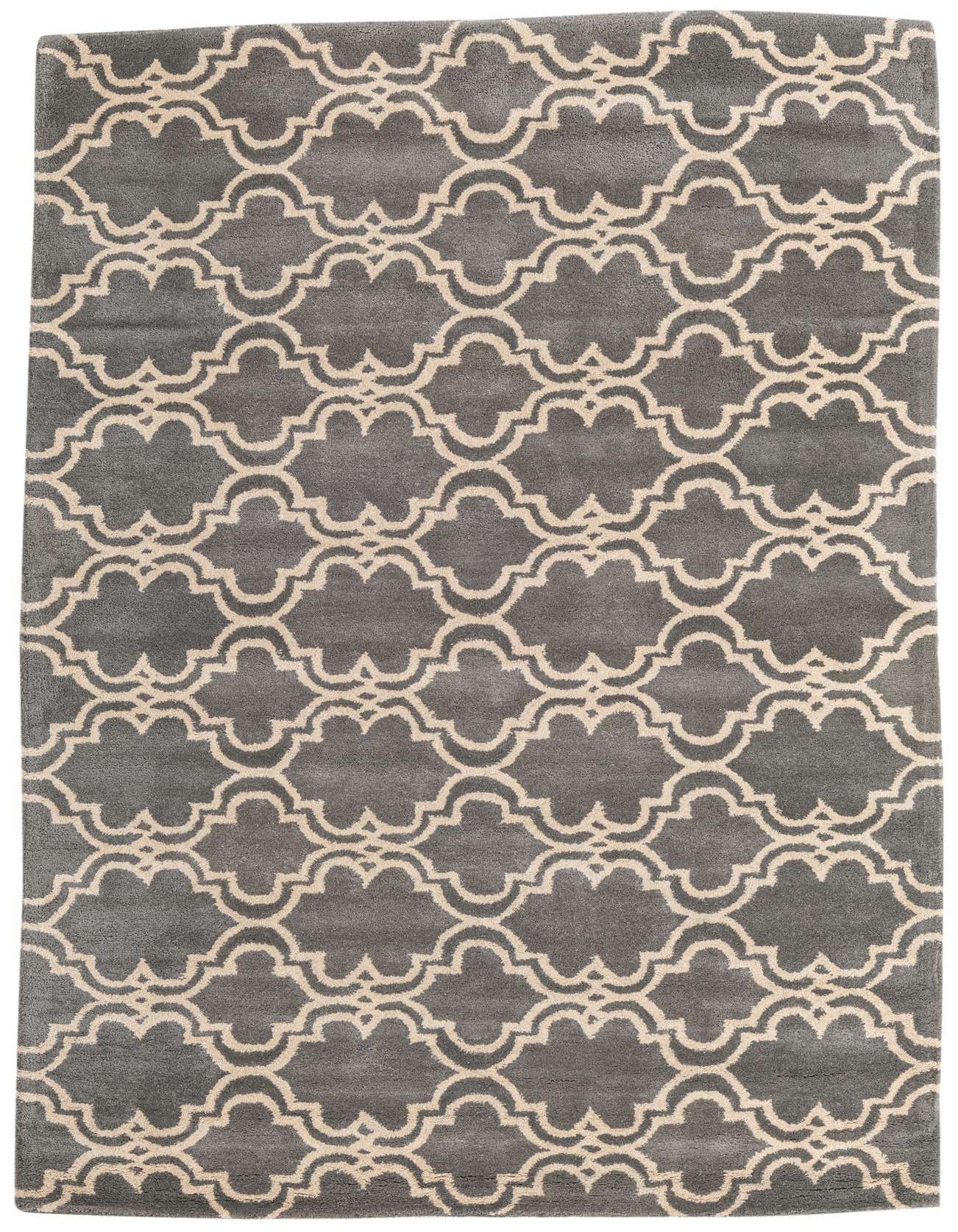 A 5x8 rectangular Luna Collection rug from Rugs.com, featuring a modern gray and beige quatrefoil pattern, ideal for a living room.