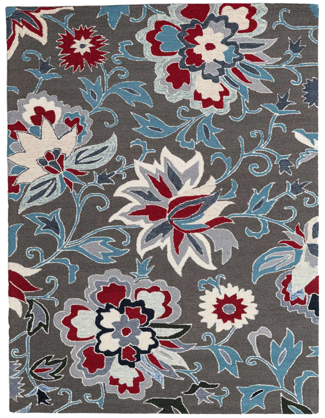 A 5x8 rectangular Luna rug with a modern floral pattern in shades of gray, red, blue, and white on a charcoal background, suitable for a living room.