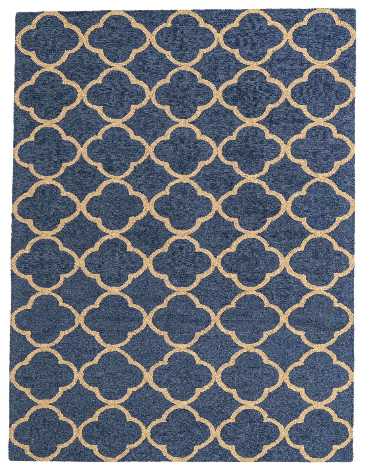 A rectangular 5x8 gray area rug with a repeating modern abstract quatrefoil pattern in a lighter beige color.