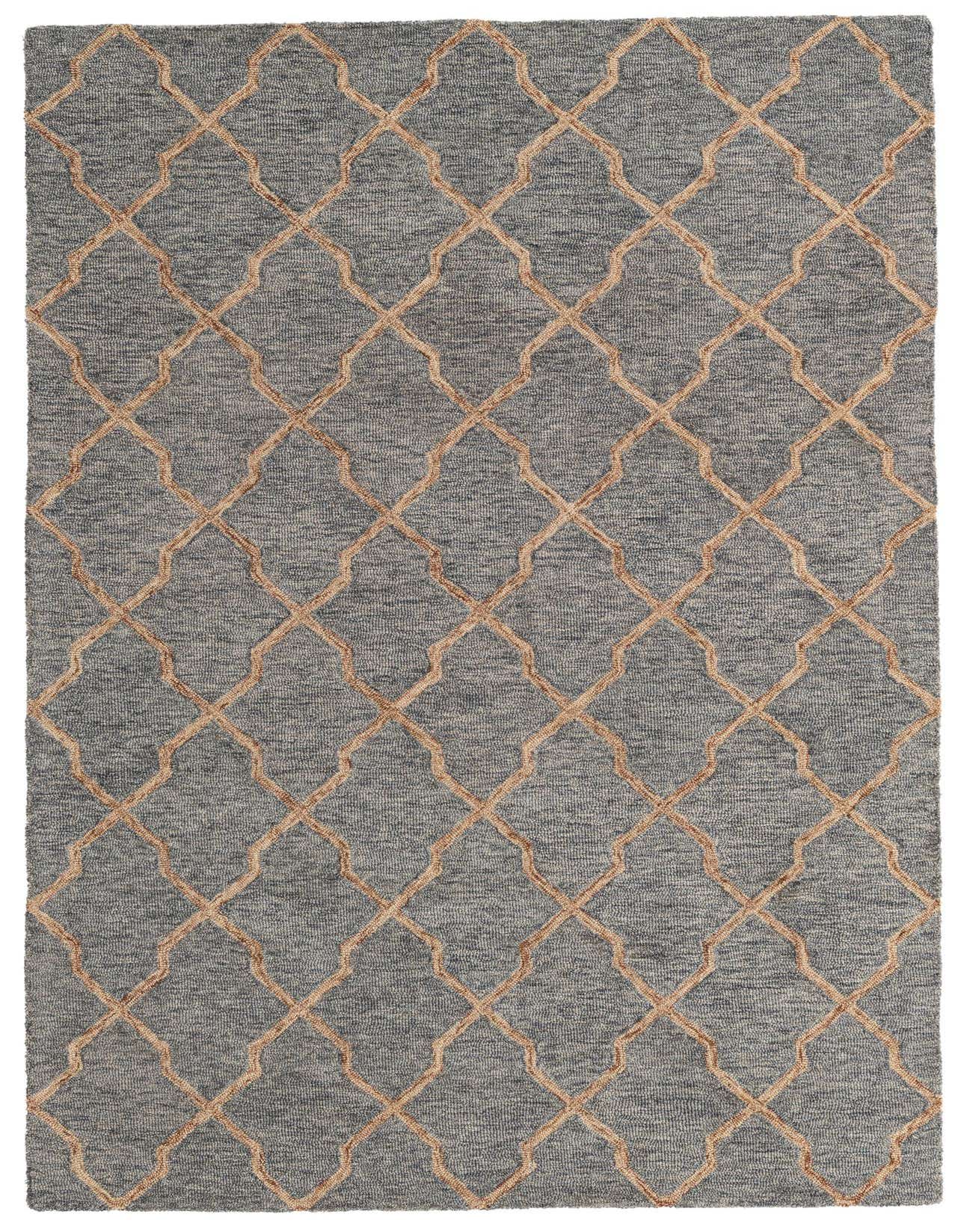 A 5x8 rectangular gray area rug with a raised tan abstract geometric pattern, suitable for a living room.