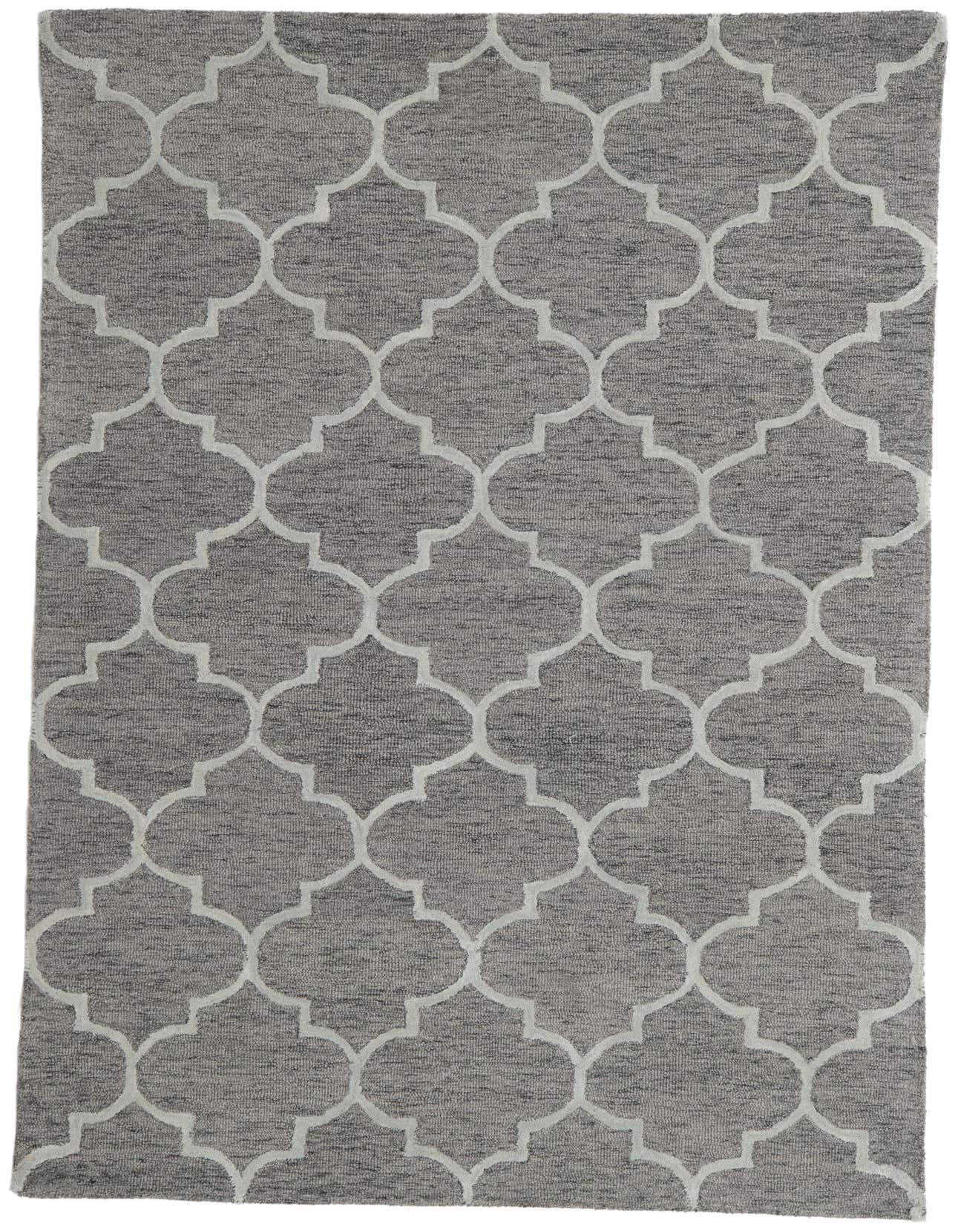 A 5x8 rectangular gray area rug with a repeating modern abstract trellis pattern in lighter gray, suitable for a living room.