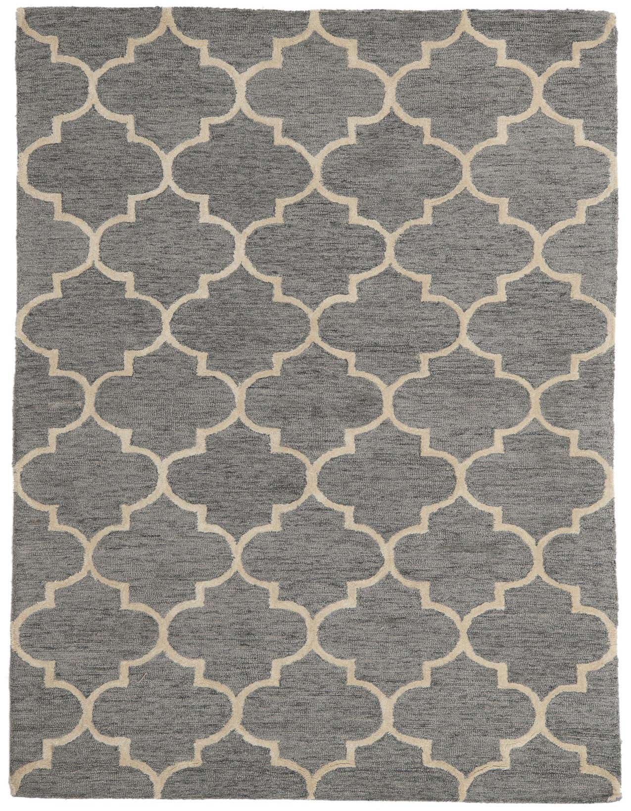 A 5x8 rectangular gray area rug with a modern abstract off-white quatrefoil pattern, made of wool and cotton.