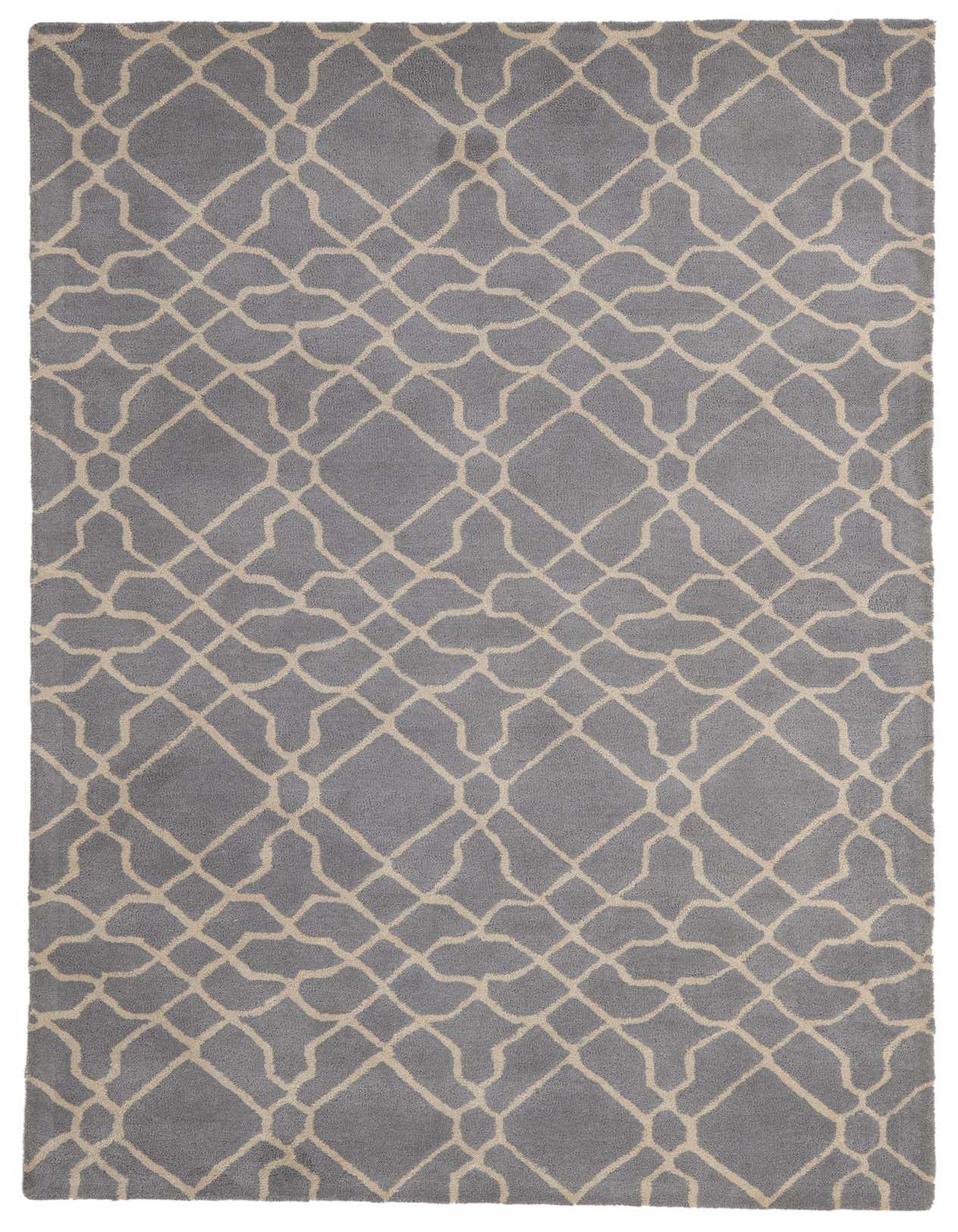A 5x8 rectangular gray area rug featuring a modern, abstract trellis pattern in light beige, suitable for a living room.