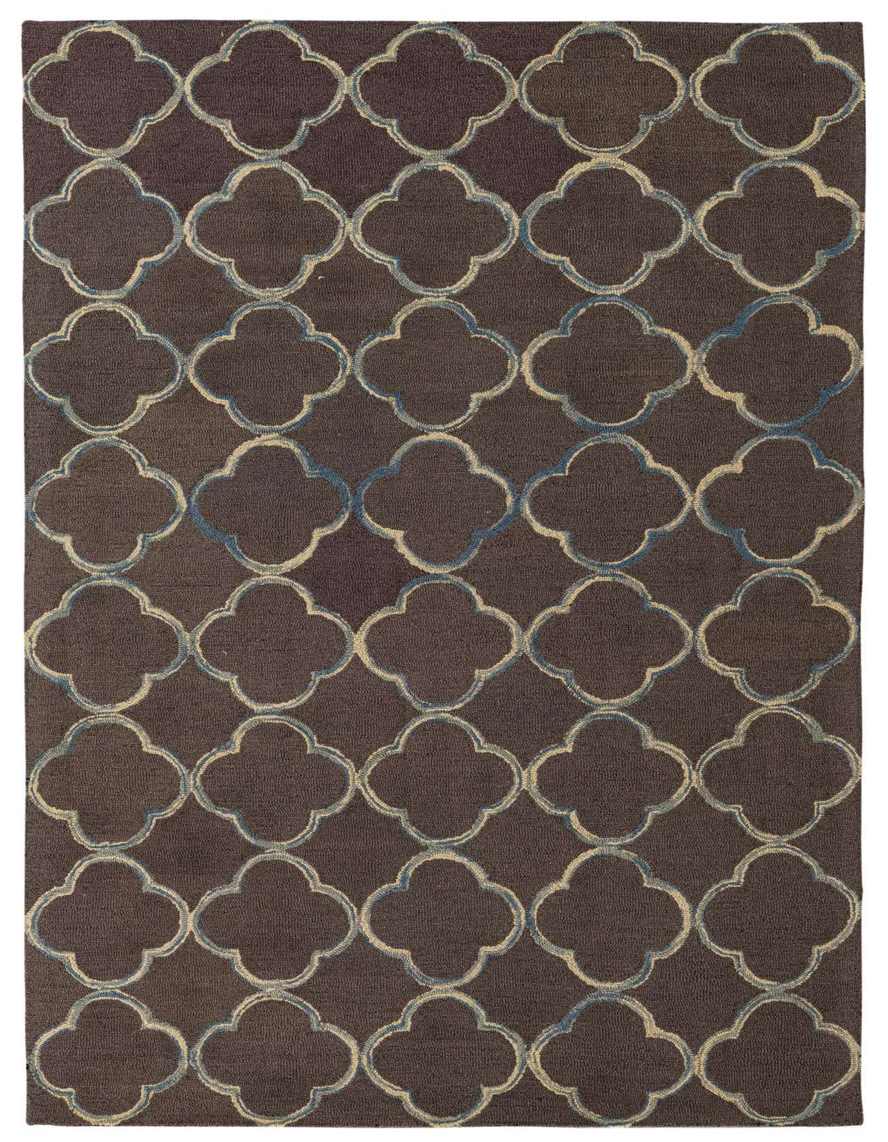 A 5x8 rectangular Luna collection rug in dark gray with a repeating abstract quatrefoil pattern in light gray and subtle blue accents.