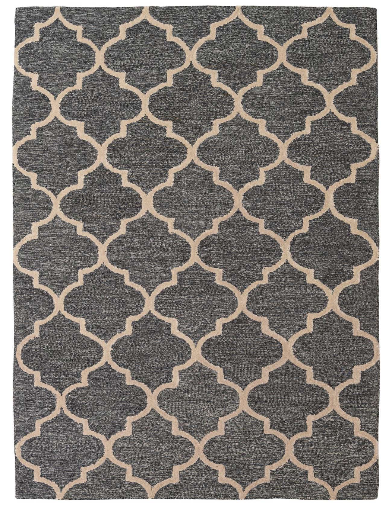 A 5x8 rectangular Luna Collection rug featuring a modern gray background with an abstract cream quatrefoil pattern, ideal for a living room.