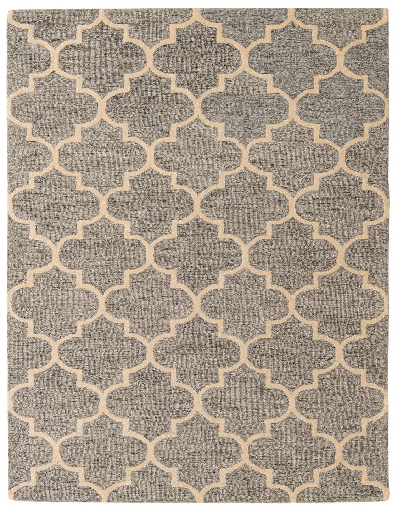 A 5x8 rectangular gray and silver trellis pattern rug made of wool and cotton, suitable for a living room.