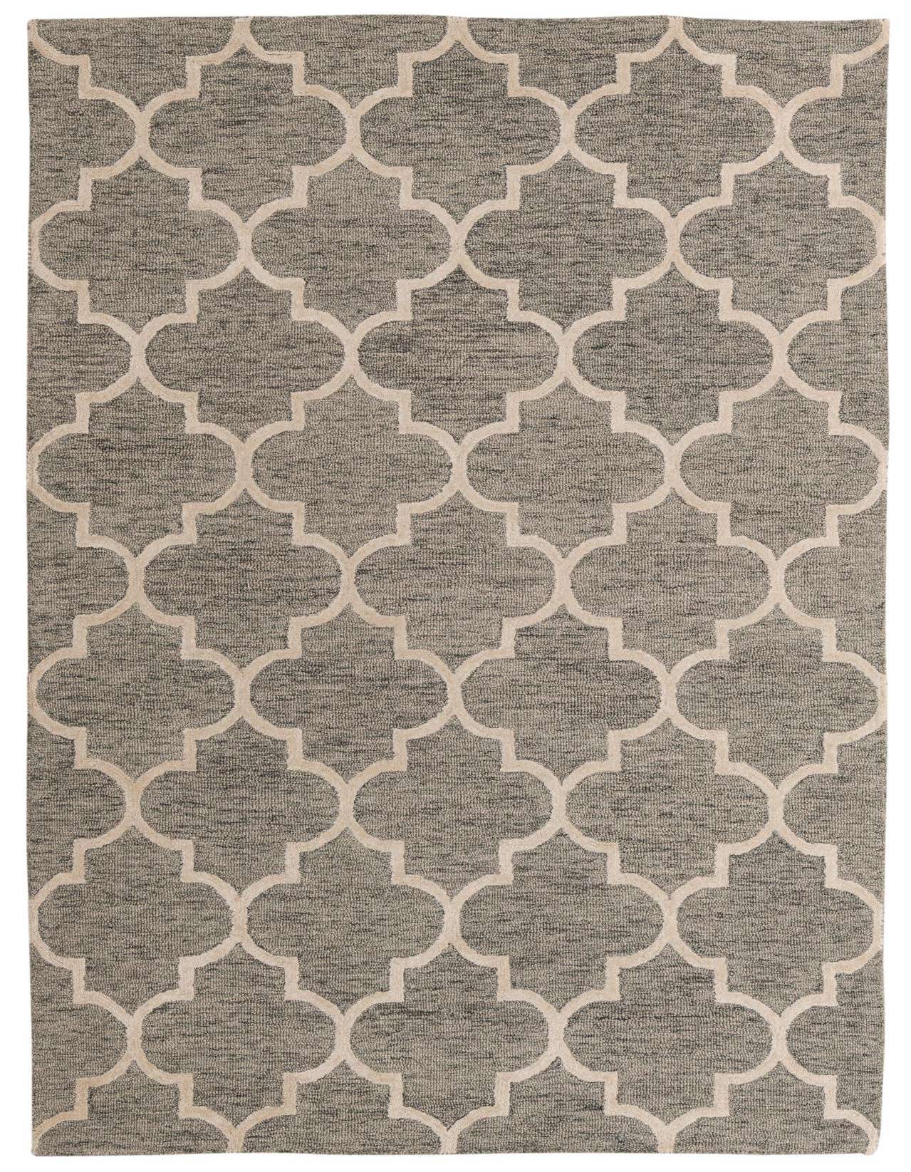 A 5x8 rectangular gray area rug with a repeating off-white modern abstract quatrefoil pattern, suitable for a living room.
