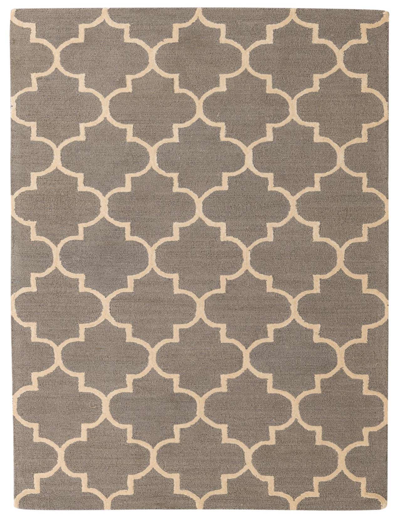 A rectangular 5x8 gray area rug with a repeating cream-colored modern quatrefoil pattern, suitable for a living room.