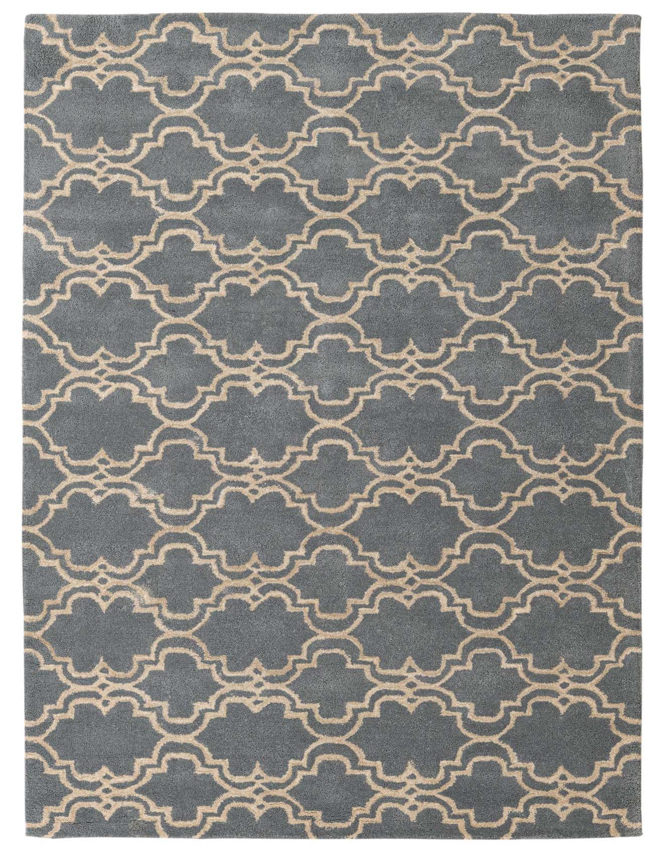 A 5x8 rectangular gray wool rug with a high pile and a repeating beige modern abstract pattern, suitable for a living room or bedroom.