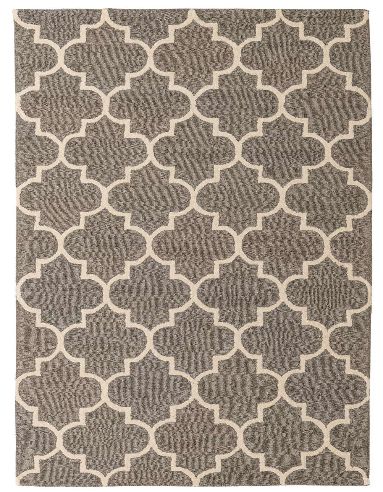 A 5x8 rectangular Luna rug by Rugs.com, featuring a gray background with a repeating off-white modern abstract quatrefoil pattern.