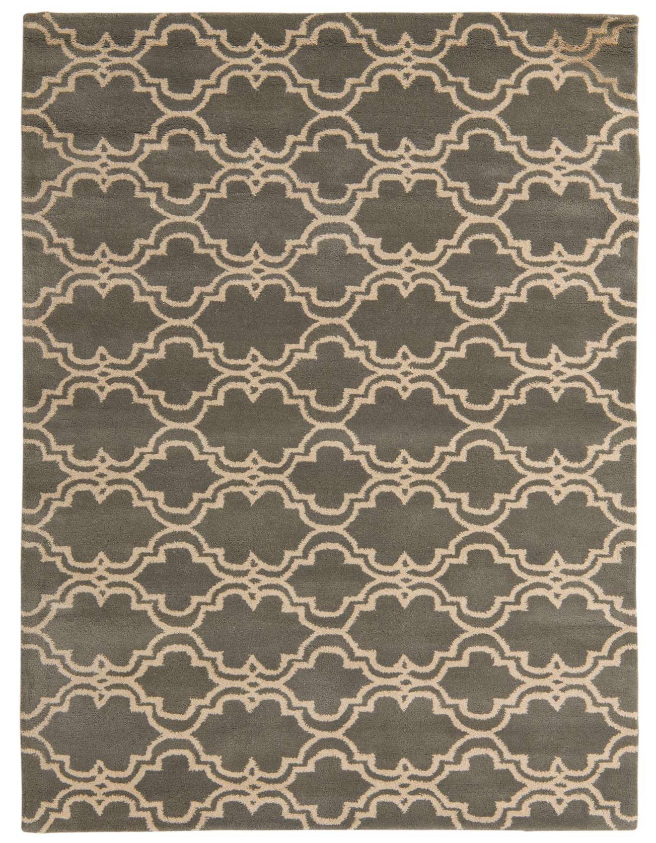 A 5x8 rectangular Luna Collection rug featuring a modern gray and beige quatrefoil pattern, ideal for a living room.