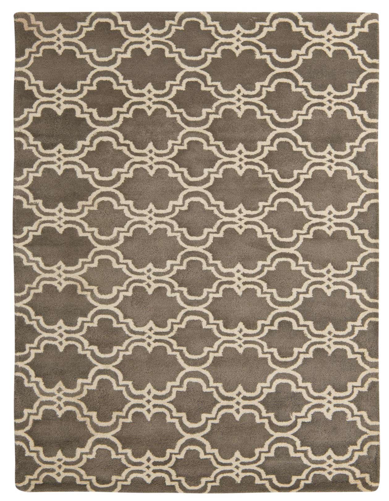 A 5x8 rectangular Luna Collection rug featuring a modern gray trellis pattern on a silver background, ideal for a living room.