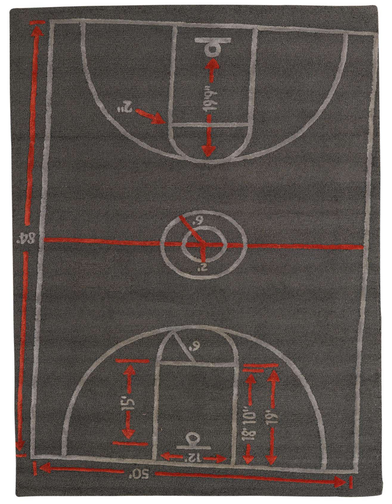 A 5x8 rectangular gray area rug with a modern, abstract basketball court design in white and red, perfect for a living room or bedroom.